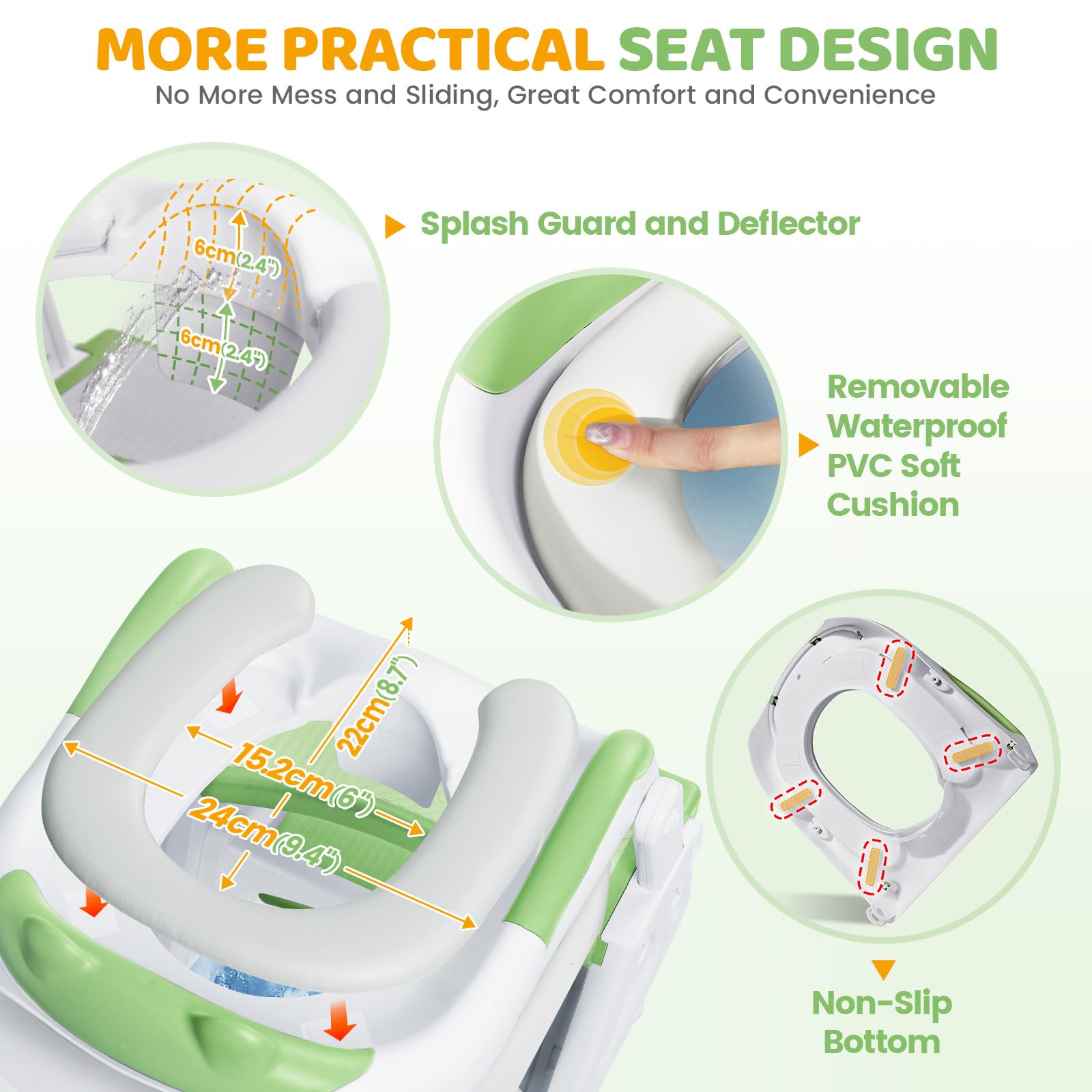 Orzbow Riduttore Wc Bambini con Scaletta, Stabilizzare Scaletta Wc Per Bambini con Struttura a Triangolo, Paraspruzzi Estesi e Cuscino in PVC Impermeabile, Antiscivolo e Pieghevole, Verde