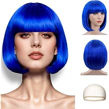 LIULIUBTY Black Bob Wig for Women, 10" Heat Resistant Synthetic Hair, Straight Bangs, Daily/Party Wear Sapphire Blue