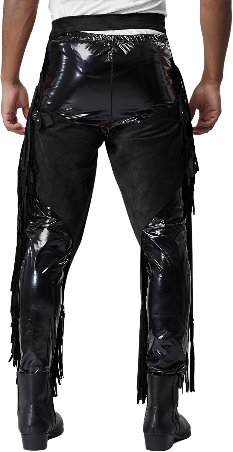 Men's Cowboys Chaps Faux Suede Pants Hollow Out Chaps Tassel Adjustable Buckles Trousers for Halloween