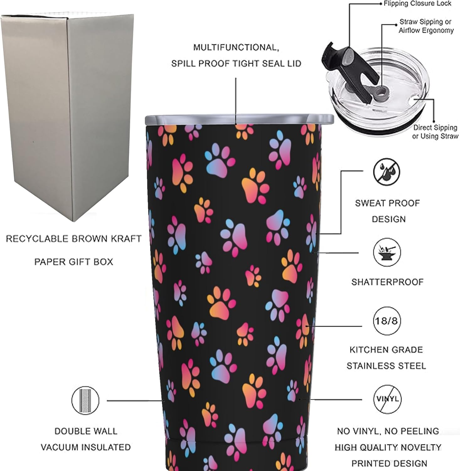 Dog Paw 20 OZ Stainless Steel Vacuum Insulated Tumblers Lids Travel Coffee Mug, Gifts For Sunflower Lovers, Sunflower Water Bottle, Mothers Day Christmas Gifts for Mom From Daughter - Image 2