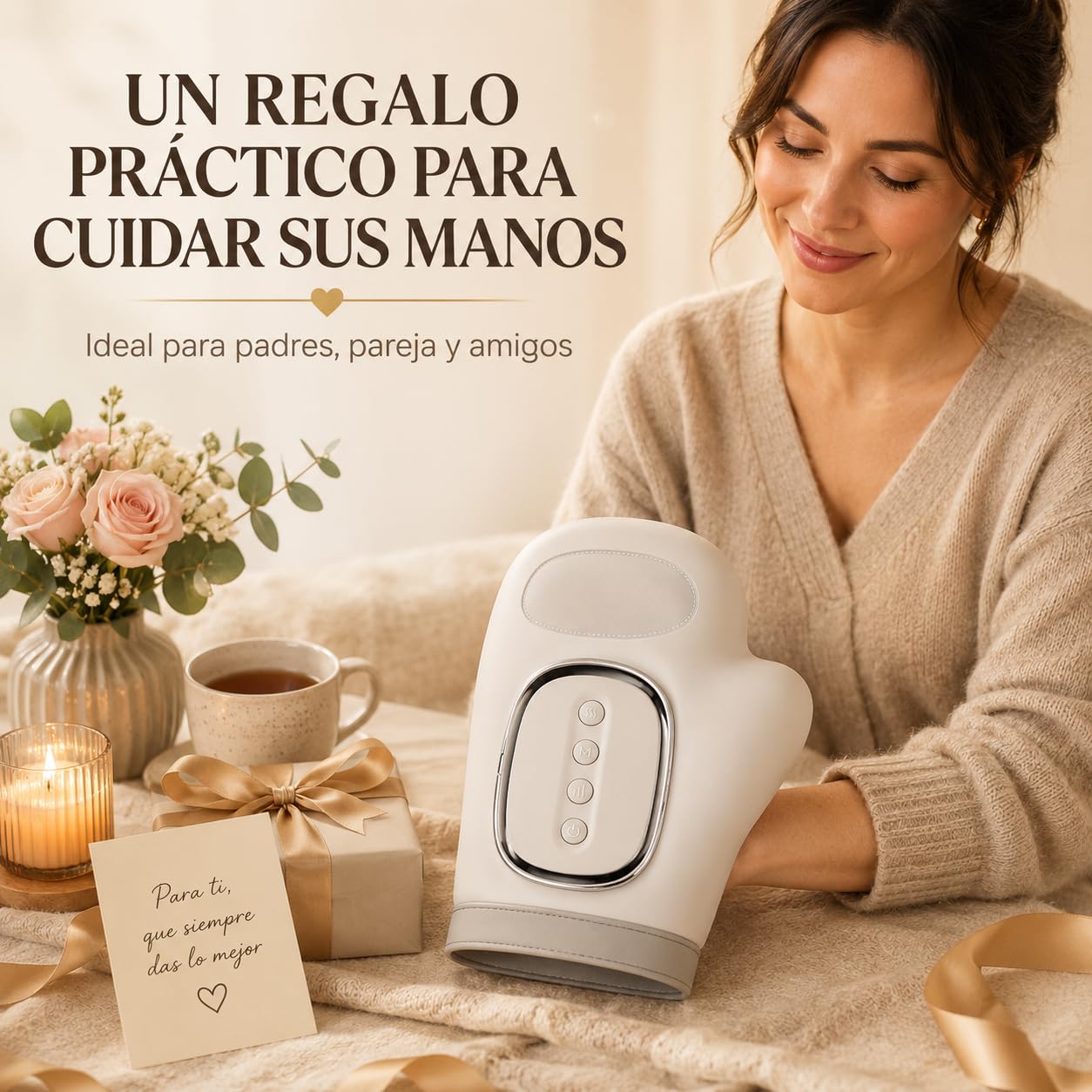 Masajeador de Manos Eléctrico con Calor, Guante Masajeador de Mano con Compresión de Aire, 3 Modos y 5 Intensidades, Recargable, para Dedos, Palma y Muñeca, Regalo para Mujer Hombre