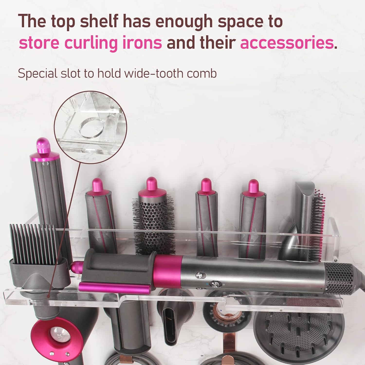 Wall Mount Holder Compatible with Dyson Airwrap Styler Supersonic Hair Dryer, 2 in 1 Blow Dryer Accessories Organizer Storage Rack for Curling Iron Wand Barrels Brushes Diffuser Nozzles