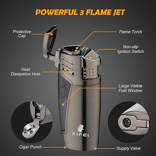 Miniatura 6 de XIFEI Humidor de cigarros y encendedor de llama de 3 sopletes con punzón de puros