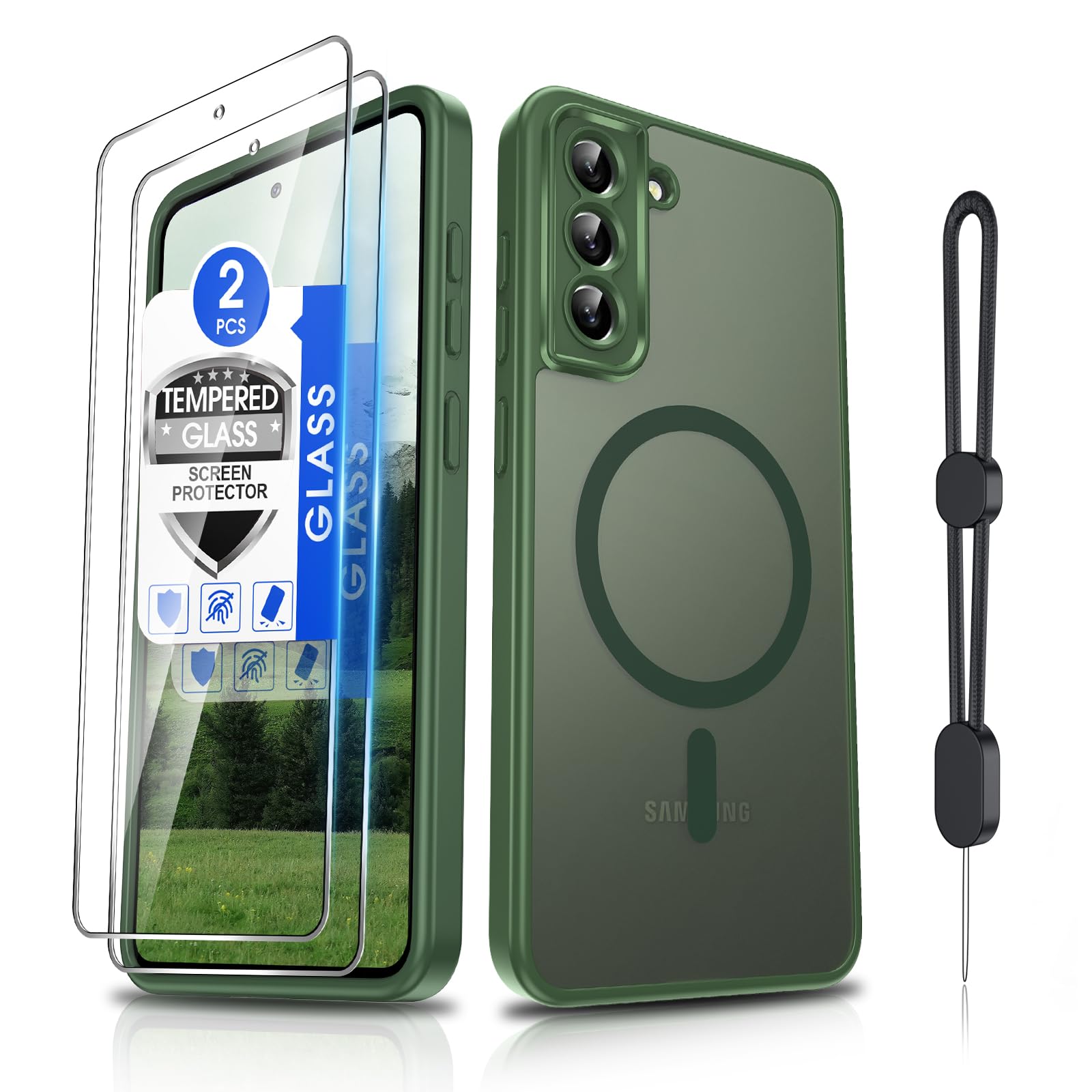 Dizn Magnetic for Samsung Galaxy S21 FE Phone Case:[𝐍𝐨𝐭 𝐅𝐢𝐭 𝐒𝟐𝟏][Compatible with MagSafe] Wireless Charging,with Screen Protector &amp; Strap,Full Camera Protective S21FE,Funda para S21FE,Green