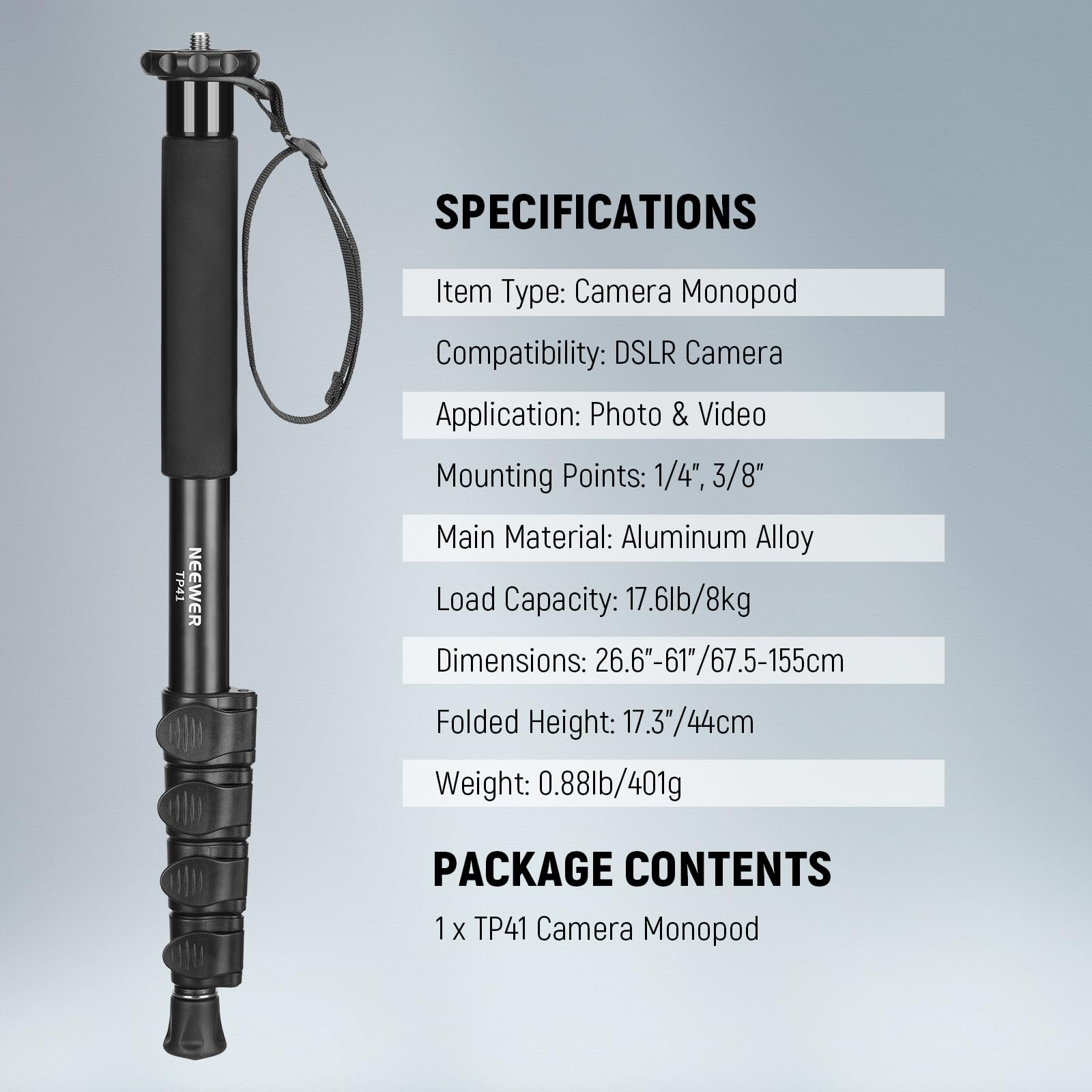 NEEWER Monopiede per Fotocamera da 155cm, Asta Monopod Portatile da Viaggio in Lega Alluminio con Adattatore a Vite da 1/4" 3/8" per Videocamera DSLR, Accessori Fotocamera Professionali, Max 8kg, TP41