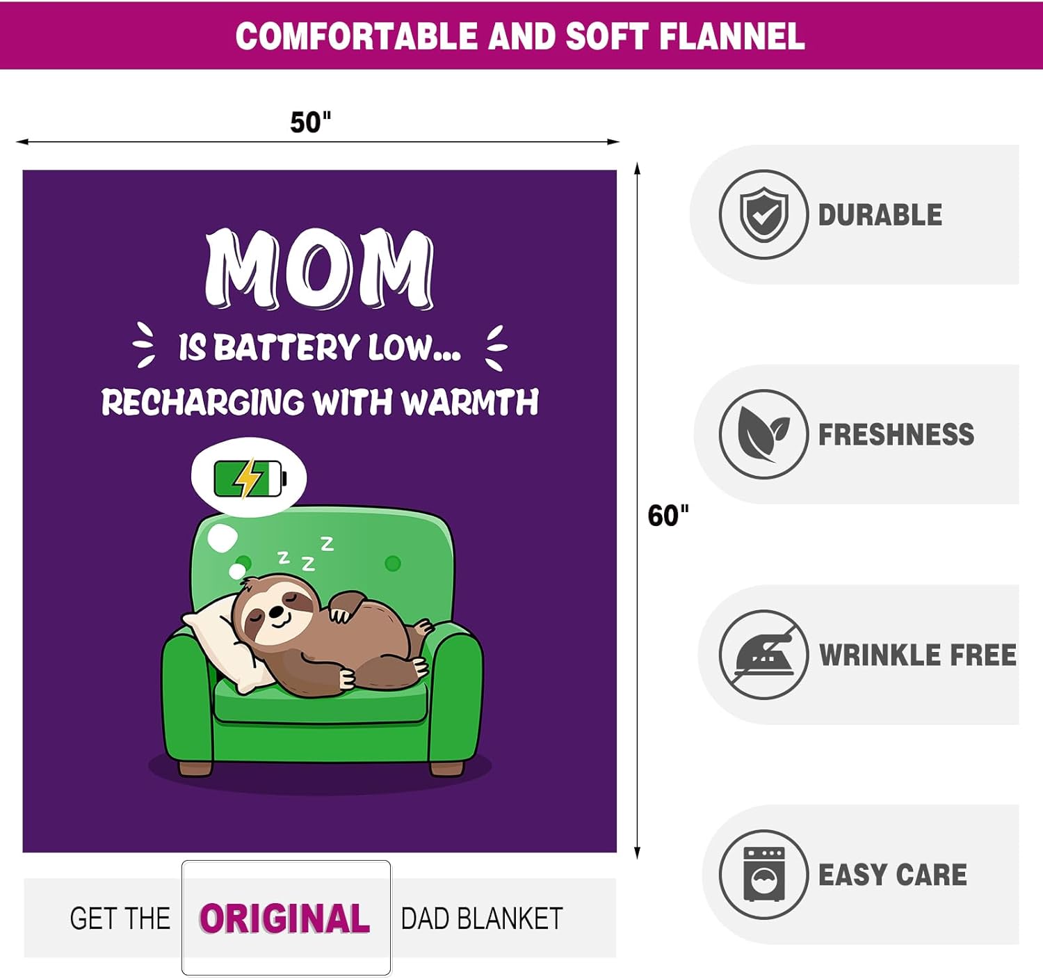 Funny Birthday Gifts for Mom, Mom is Battery Low Blanket 60" x 50", Present for Mother, Mommy from Daughter Son Family, Practical Blanket Throw for Napping or Travel, for Mommy - Image 6