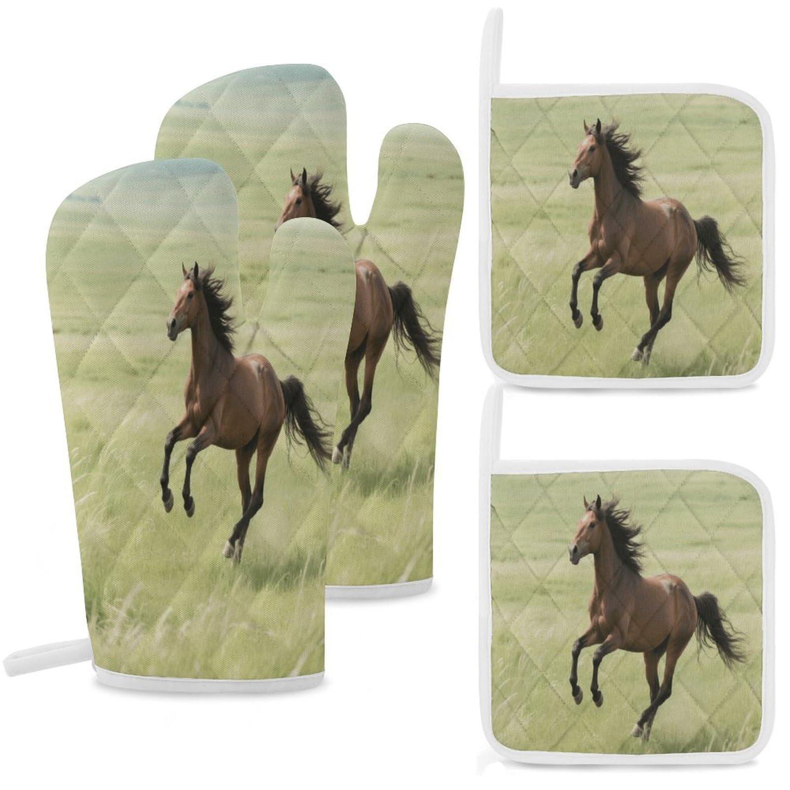Fekiloot Style Horse Oven Mitts And Pot Holders 4-Piece Set, Kitchen Oven Glove With Hanging Loop, Bbq Gloves For Cooking Baking Grilling