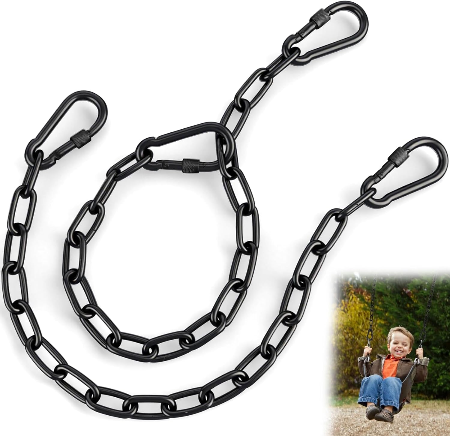 2 Pack 25in Heavy Duty Swing Chains with 4 Carabiners, Black Stainless Steel Hanging Chains with Hooks for Hammock Chair, Porch Swing, Hanging Basket, Gym, 1200LB Capacity (Black)