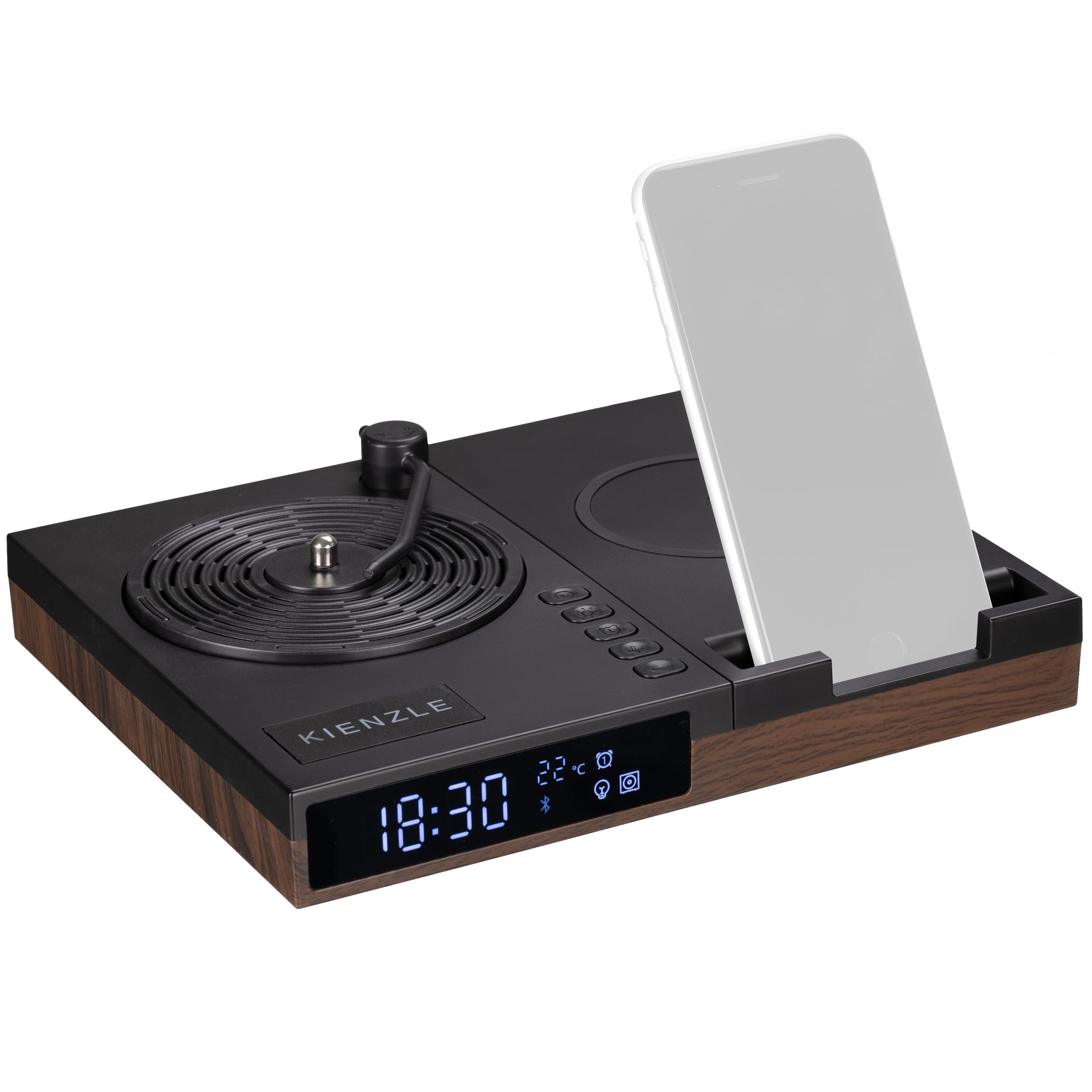 Kienzle Despertador Retro con Altavoz Bluetooth y Carga inalámbrica 15 W | Diseño de tocadiscos, temperatura, dos alarmas, luz ambiental con tres niveles de brillo, soporte para móvil, adaptador
