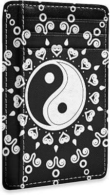 White Mandala Yin Yang on Black Slim Minimalist Wallet, Front Pocket RFID Blocking Leather Credit Card Holder, Case Protector Covers for Men Women