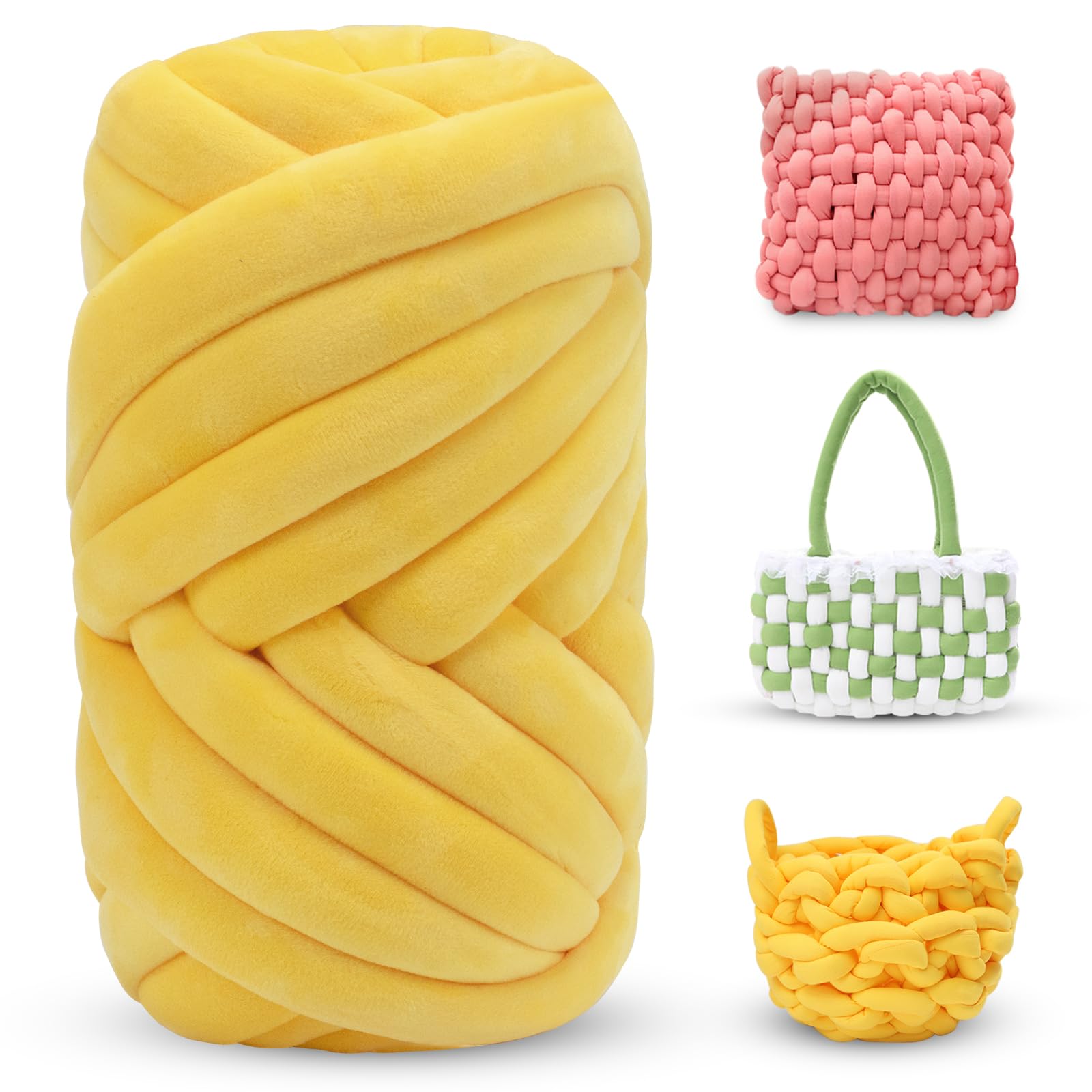 LEREATI Thick Chunky Yarn for Arm Knitting Jumbo Tube Soft Chunky Knit Blanket Velvet Yarn for Crocheting Handbags Hand Knitting Pet Bed Rugs Pillows Crafts (250g, Golden)