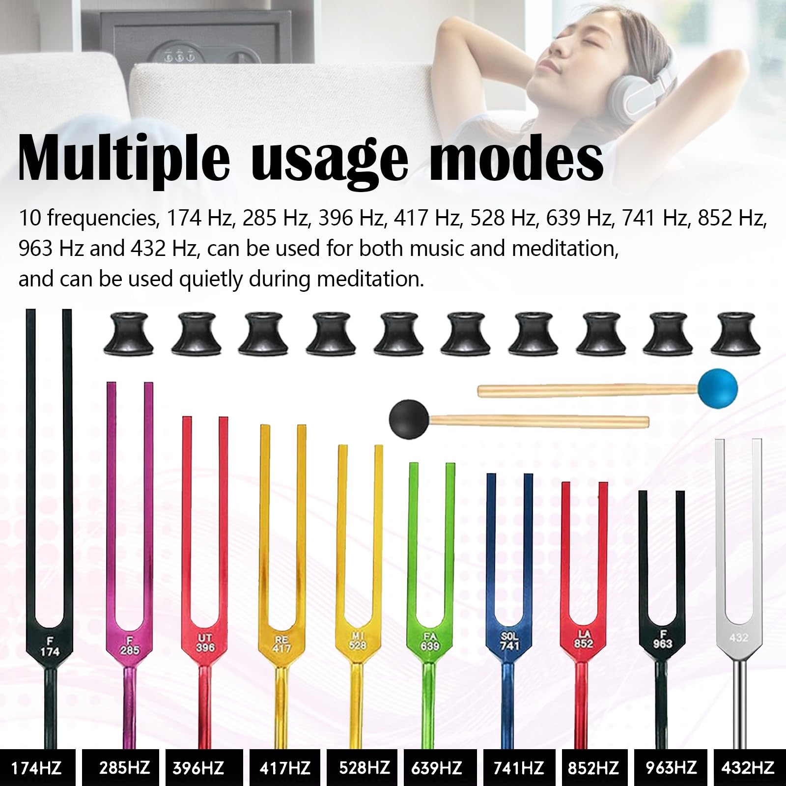 Diapason, 10 Pezzi Set Martelletto Per Riflessi Diapason Terapeutico Neurologia 174 285 396 417 528 639 741 852 963 432 Hz Con Base 2 Martelli In Silicone Panno Per La Pulizia Suono Anti-Compressione