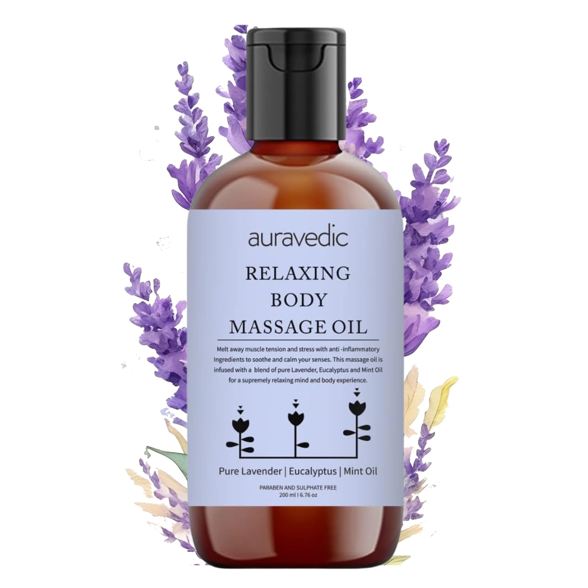 Auravedic Relaxing Body Massage Oil | Infused with Lavender, Eucalyptus & Mint | Non Greasy Body Oil for Massage Therapy, Aromatherapy, Sore Muscles & Date Night | 6.76 Fl Oz (200ml)