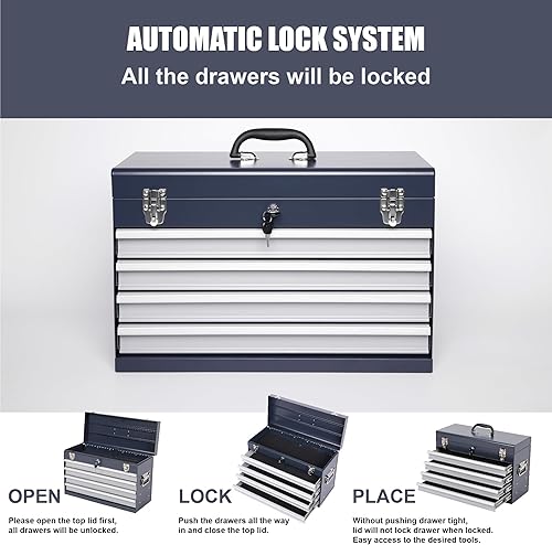 Miniatura 4 de Caja de herramientas de metal de 21 pulgadas con 4 cajones con cerradura, organizador portátil de herramientas para mecánicos y bricolaje  Sistema