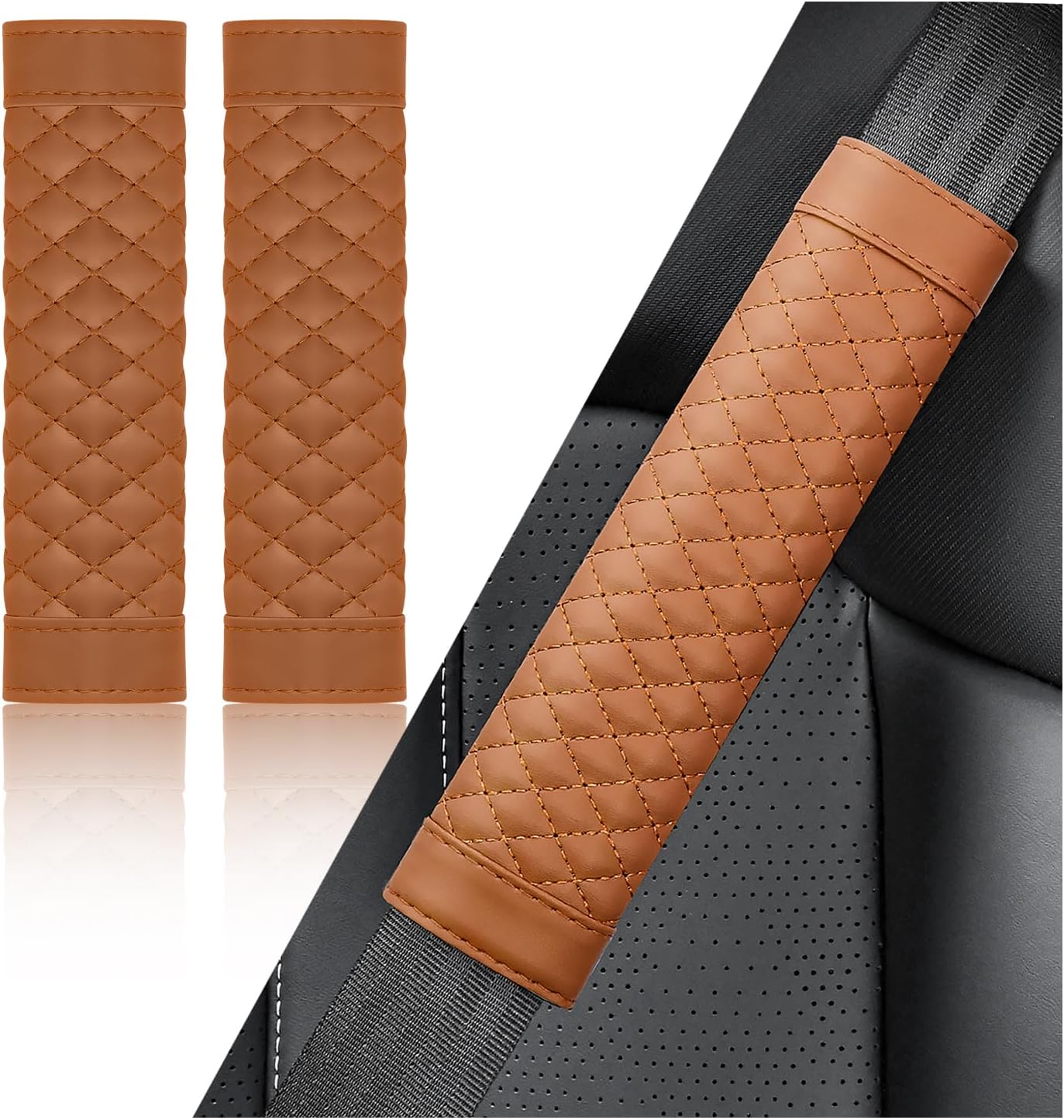 carleef 2PCS Car Seat Belt Cover Pad,Soft Leather Seatbelt Covers Breathable Seatbelt Cushion with Plaid Design,All Seasons Universal Car Interior Accessories Seat Belt Cover for Kids & Adults (Brown)