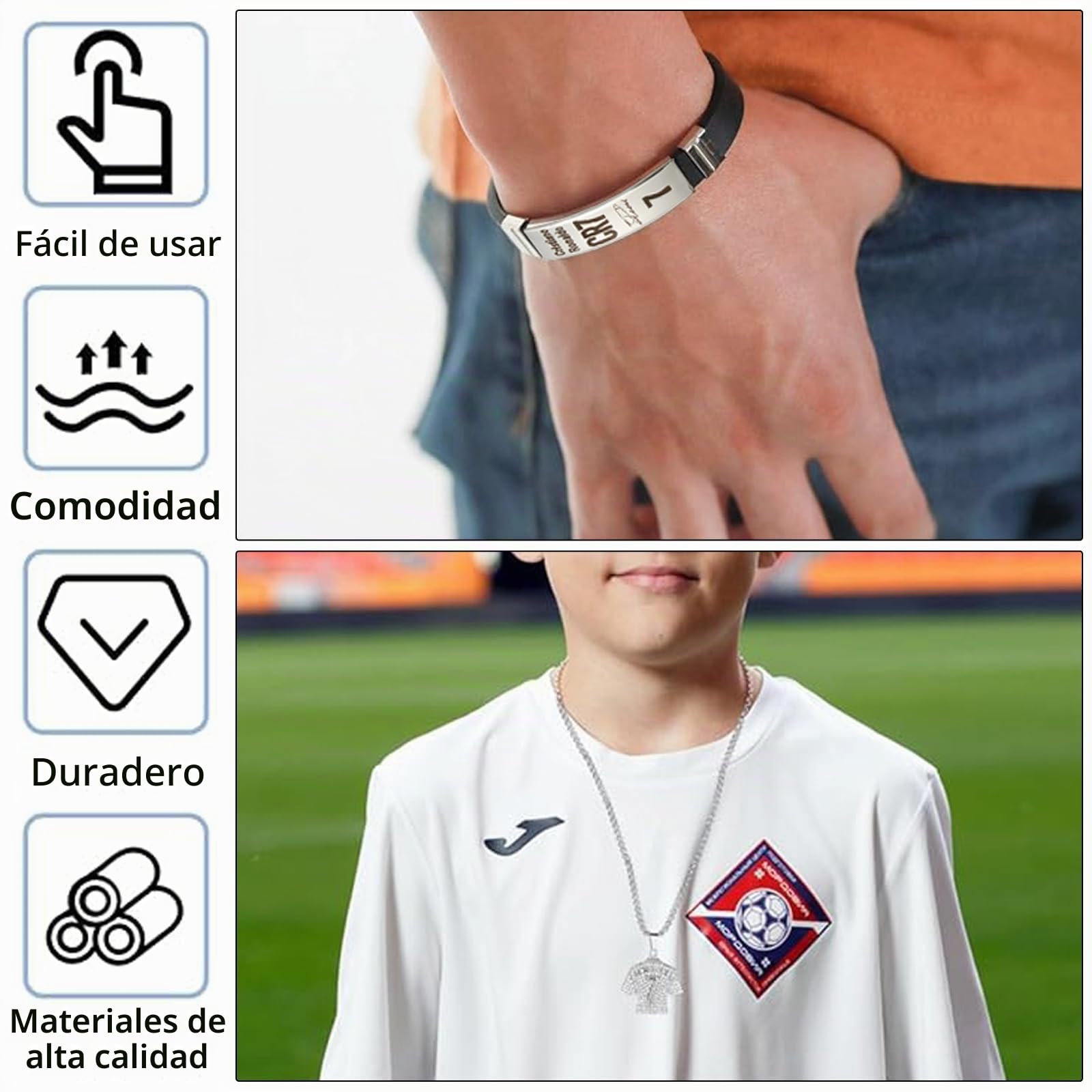 3 Piezas Juego de cadena con collar y pulsera, cadena de fútbol, cadenas para niños, pulsera de fútbol para niños, camiseta de fútbol, regalo para aficionados al fútbol