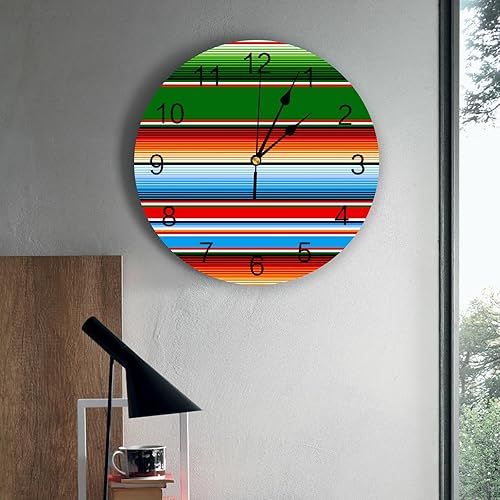 Miniatura 4 de Reloj de pared silencioso de 10 pulgadas, sin tictac, verde, rojo, naranja, azul, rayas mexicanas, reloj decorativo redondo para sala de estar,