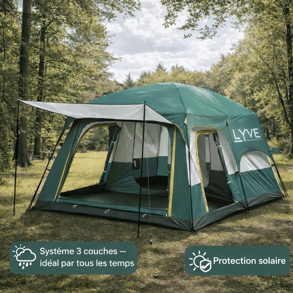 Lyve Tente Familiale XL – Tente de Camping Étanche avec 2 à 3 Cabines de Couchage – Cabines Deep Sleep Occultantes – Colonne d’Eau 8000 mm – 4/6 / 8 Personnes – Verte