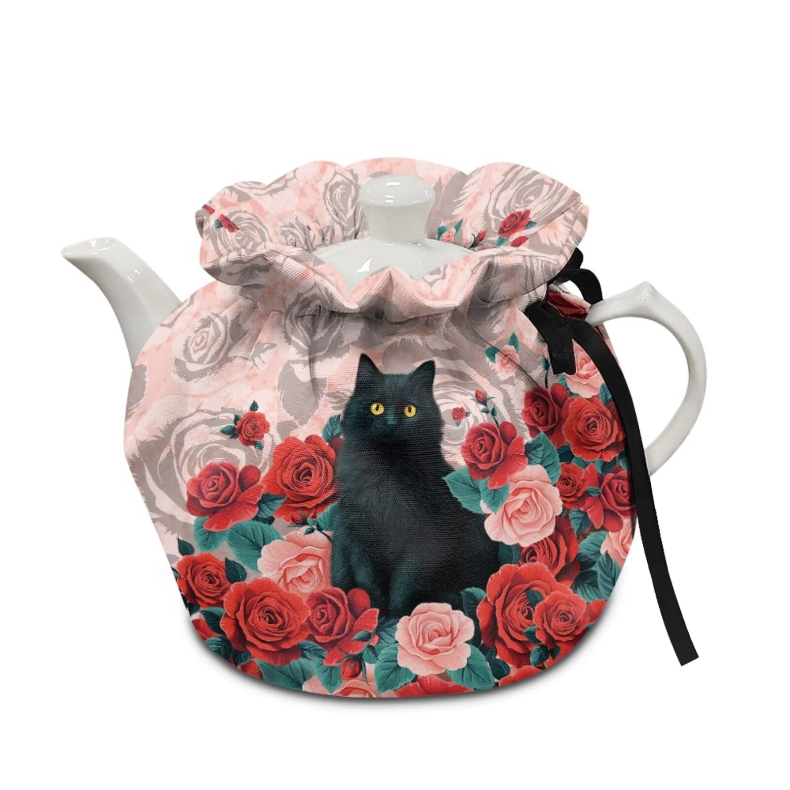 Cat Rose Print Tea Cozy Insulation Kitchen Accessory Tea Cozies Covers Kitchen Home Decorative Teapot Cozy for Keeping Warm Kettle Dust Cover, Pink