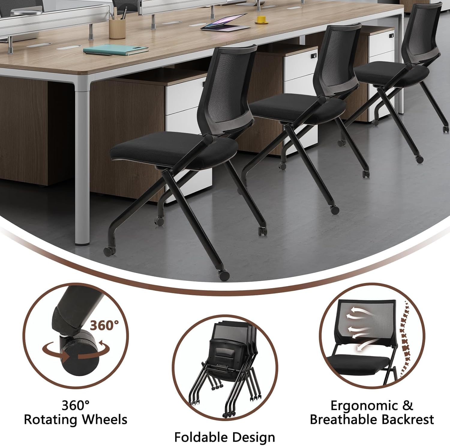 CLATINA Stackable & Foldable Chairs with Wheels, Reception Guest Chairs with Lumbar Support, Ergonomic Mesh Back Folding Chair for Office Meeting Schools Training Conference Waiting Room, Black