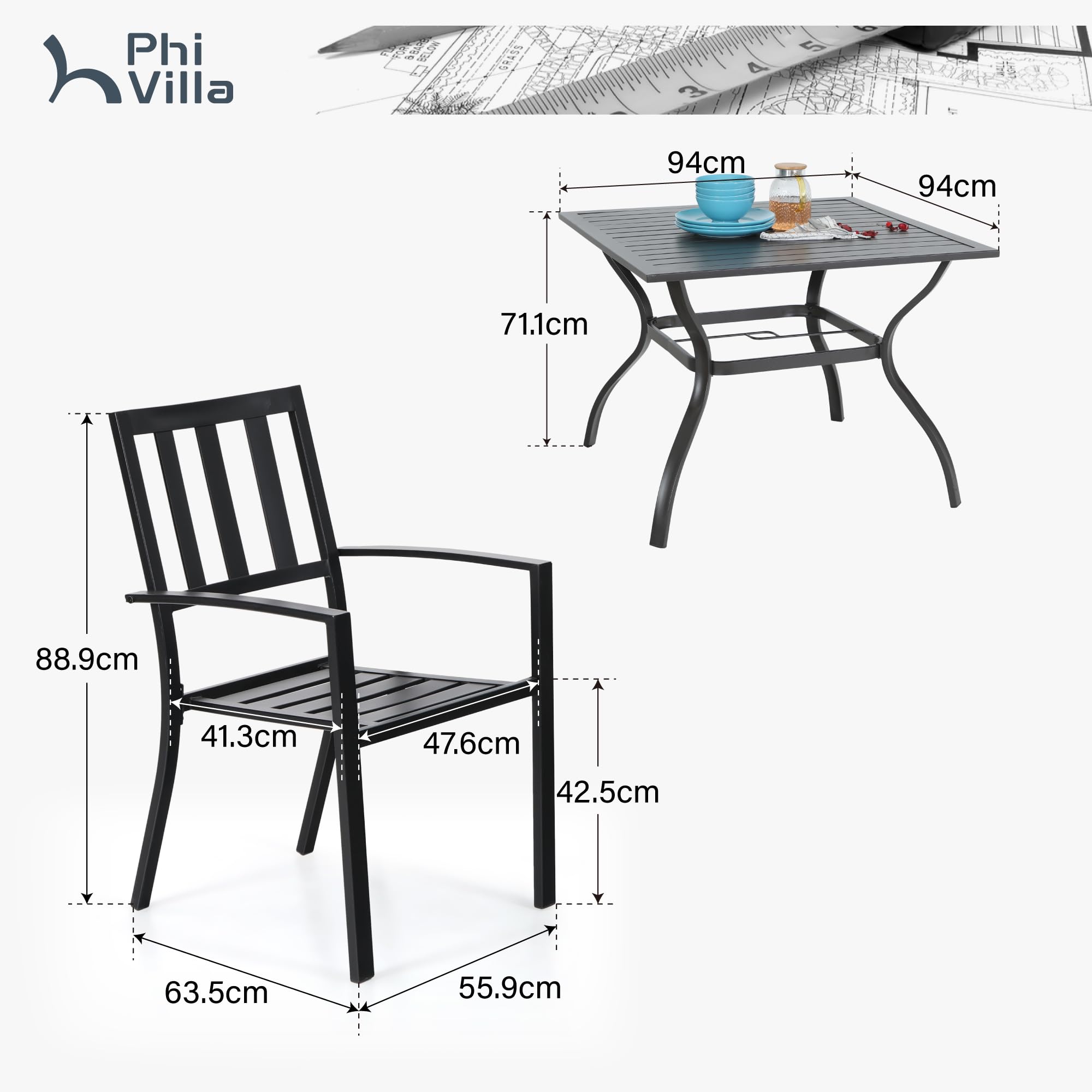 PHI VILLA Gartenmöbel Set mit Gartentisch und Stühle 4er Set Metall Terrassen Outdoor Bistro Garten Möbel Sets Wetterfest Garten Sitzgruppe Stapelbare Stühle Sparen Platz