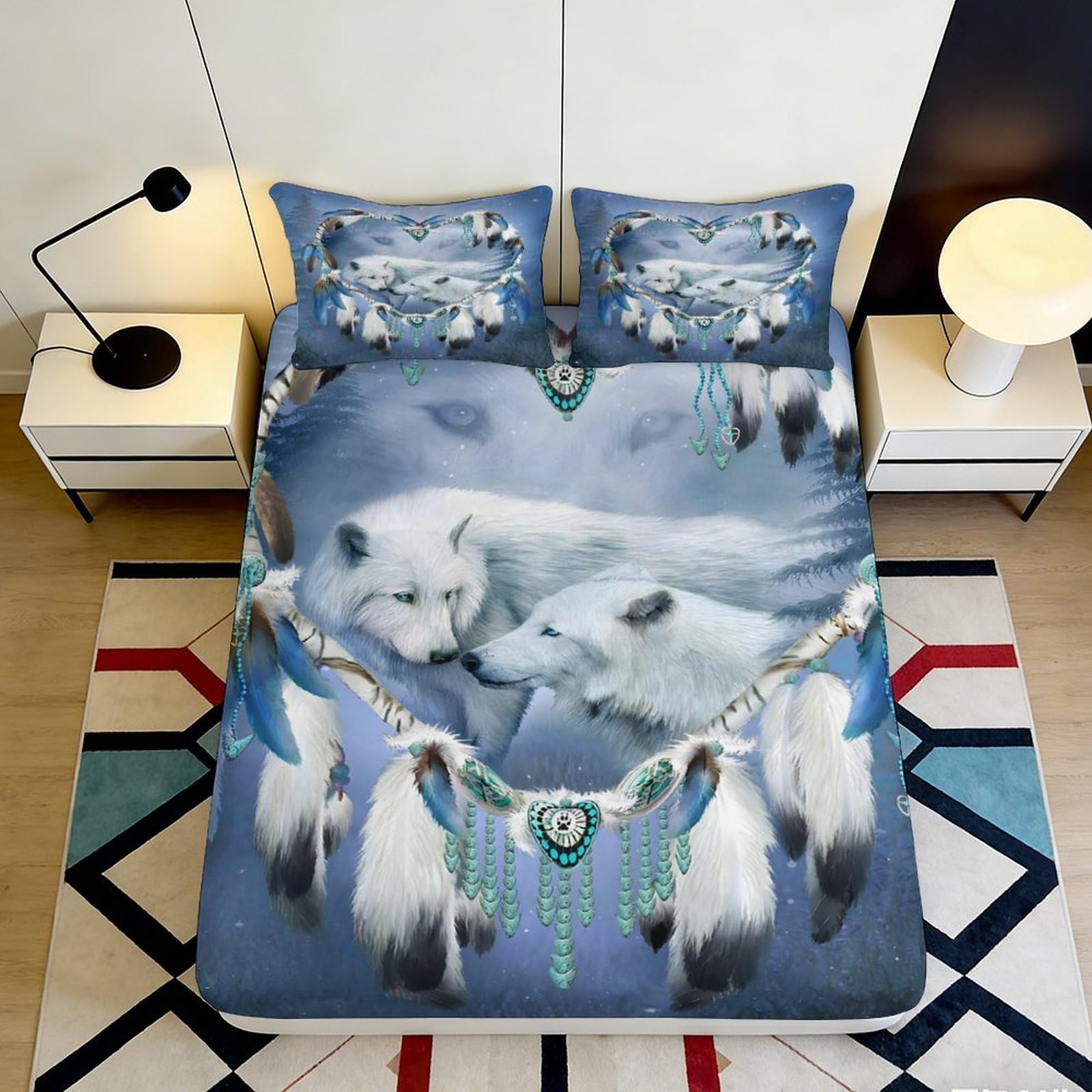 3D Printed White Wolf Dreamcatcher Fitted Sheet Microfiber Blue Bed Cover for Bedroom Dorm Mattress Protection 180x200x25cm