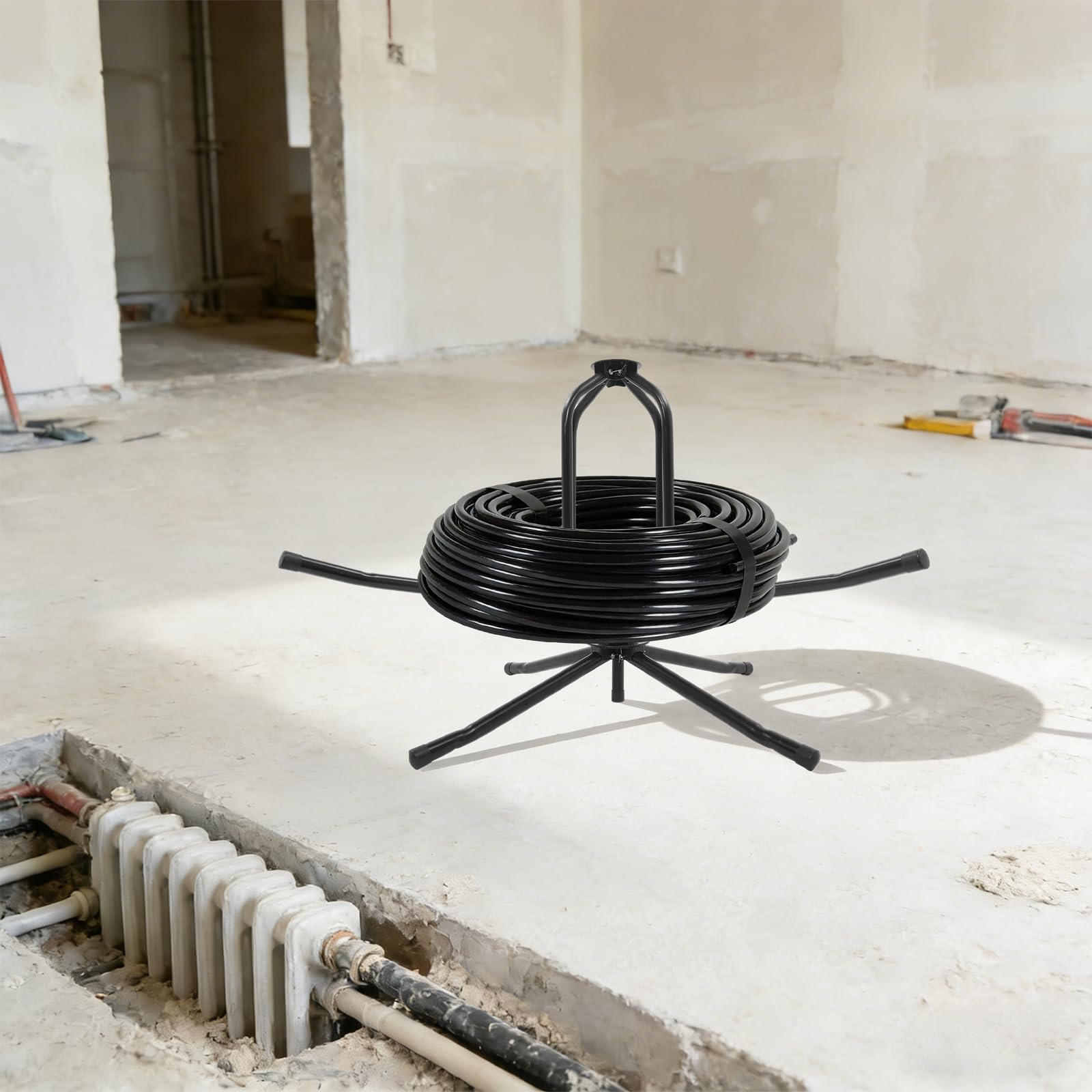 Rebobinador de calefacción por suelo radiante ajustable para tubo con bolsa | Capacidad de carga de 200 kg, dispensador de bobinas para PEX, PERT, tubos de calefacción y tuberías de agua