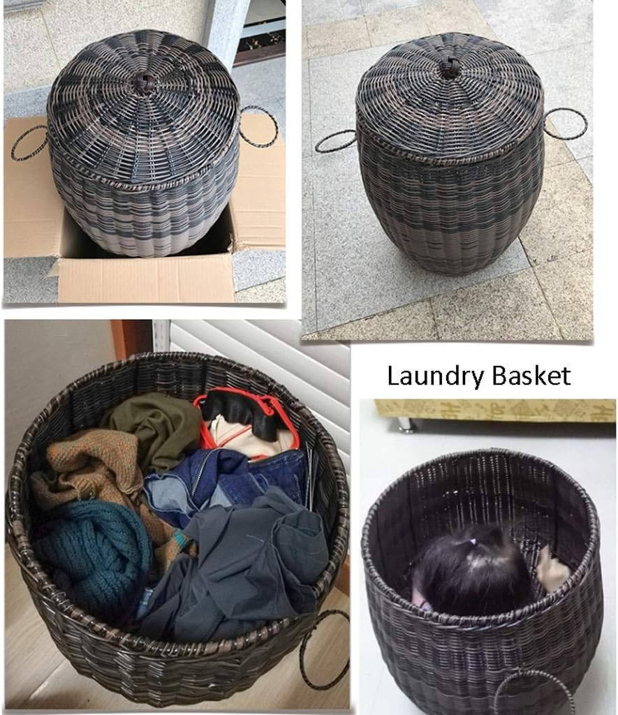 Washing Laundry Basket Bag PE Imitation Rattan Hand-Woven Laundry Baskets Hampers Bathroom Bins Dirty Clothes Storage Organizer with Lid Laundry Clothes Hamper Organizer,