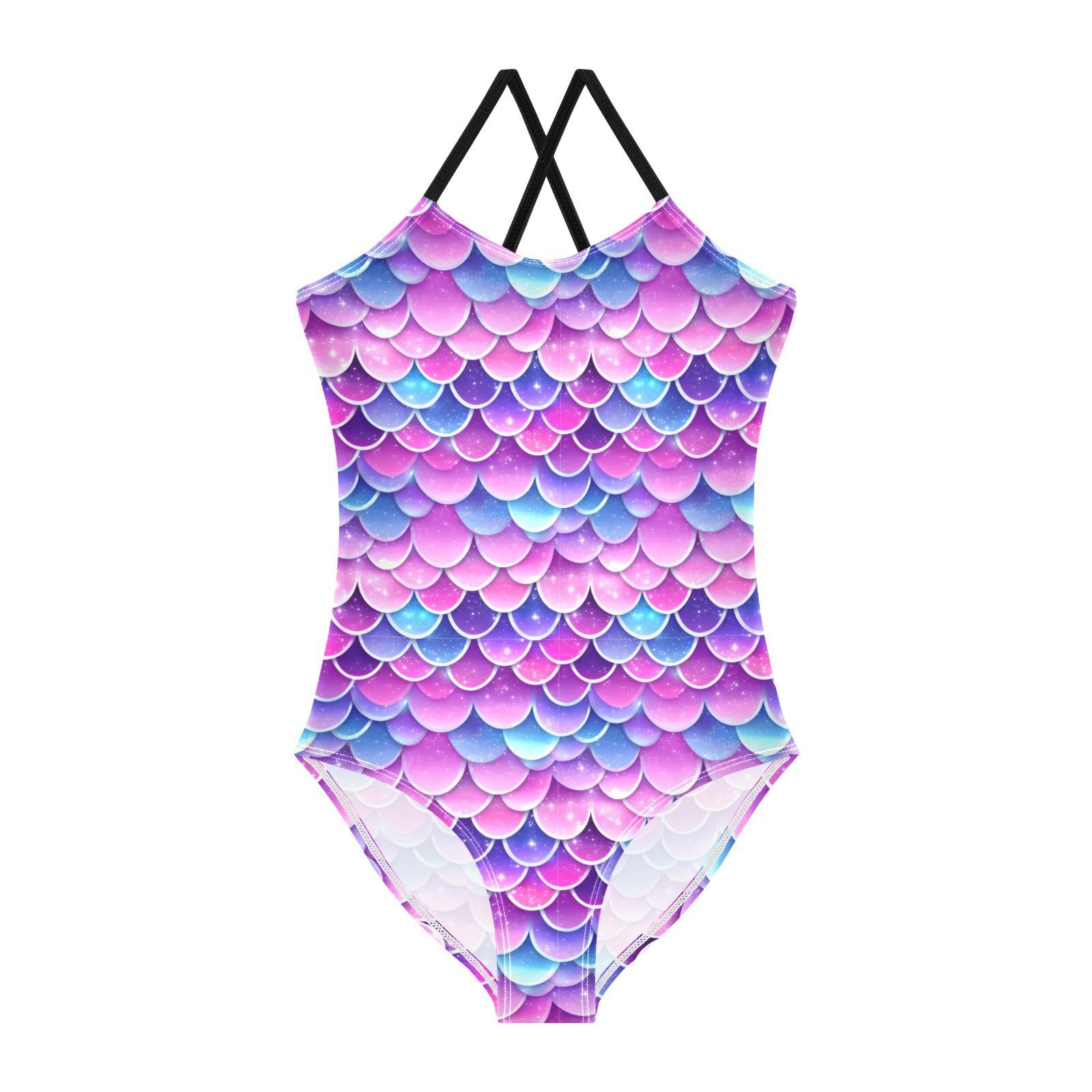 Mermaid Scales Pattern Girls Swimsuits Quick Dry Crossback One Piece Beach Swimwear Bathing Suit, 7-8T