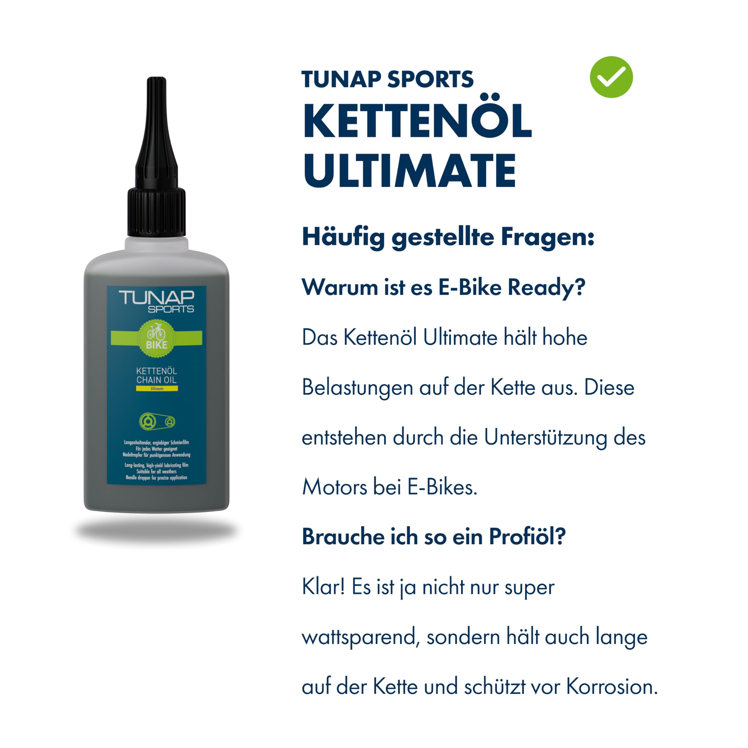 TUNAP SPORTS Olio per catena Ultimate – Flacone contagocce da 100 ml | Lubrificazione a lungo termine per pignone, cambio e catena | Applicazione precisa | Made in Germany