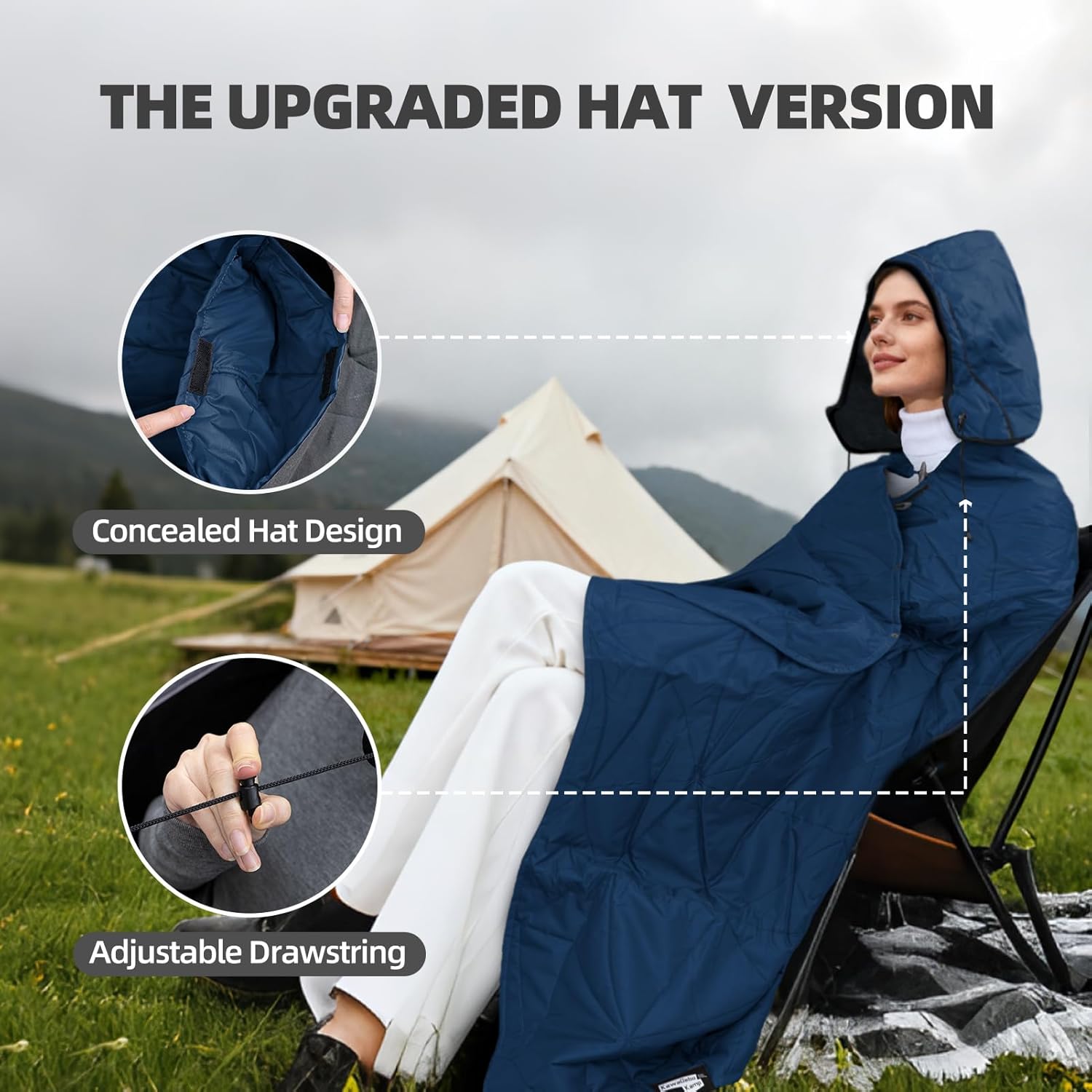 Large Outdoor Waterproof Blanket Extra Thick Fleece Stadium Blanket for Camping, Car, Pet, Picnics - Windproof, Wearable, Machine Washable 80" x 58" (Deep Blue,Hooded)