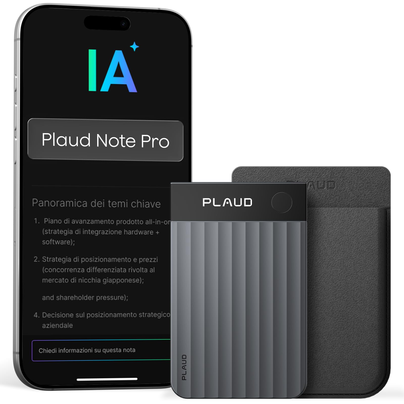Plaud Note Pro Registratore Vocale AI 64GB Nero con Trascrizione Riassunti Chiamate Riunioni Lezioni Interviste fino a 50 ore