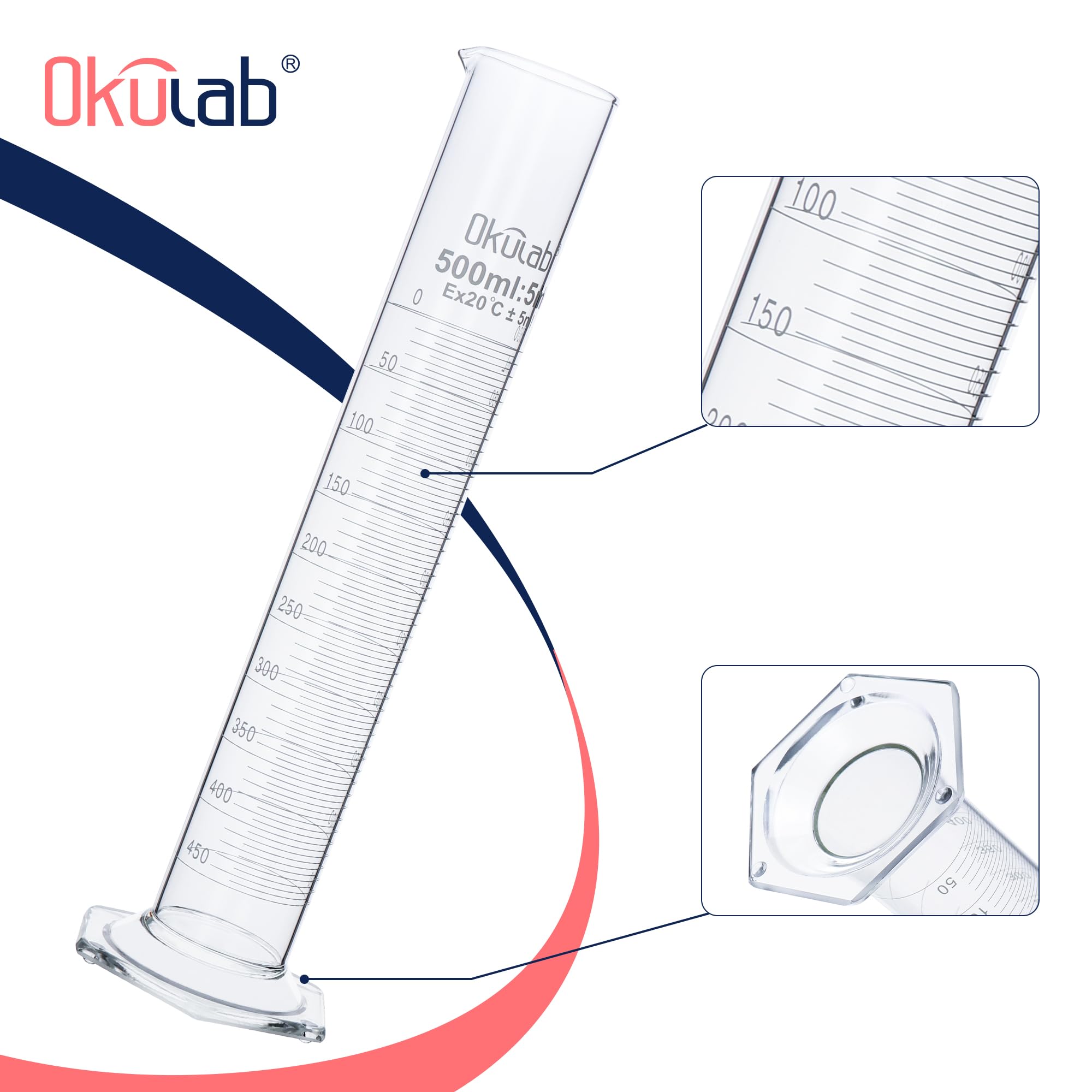Cilindro graduato, 2 pezzi di Vol.250ml, Cilindro in vetro borosilicato 3.3, cilindri di laboratorio Cilindro di misurazione in vetro, MCG250A2