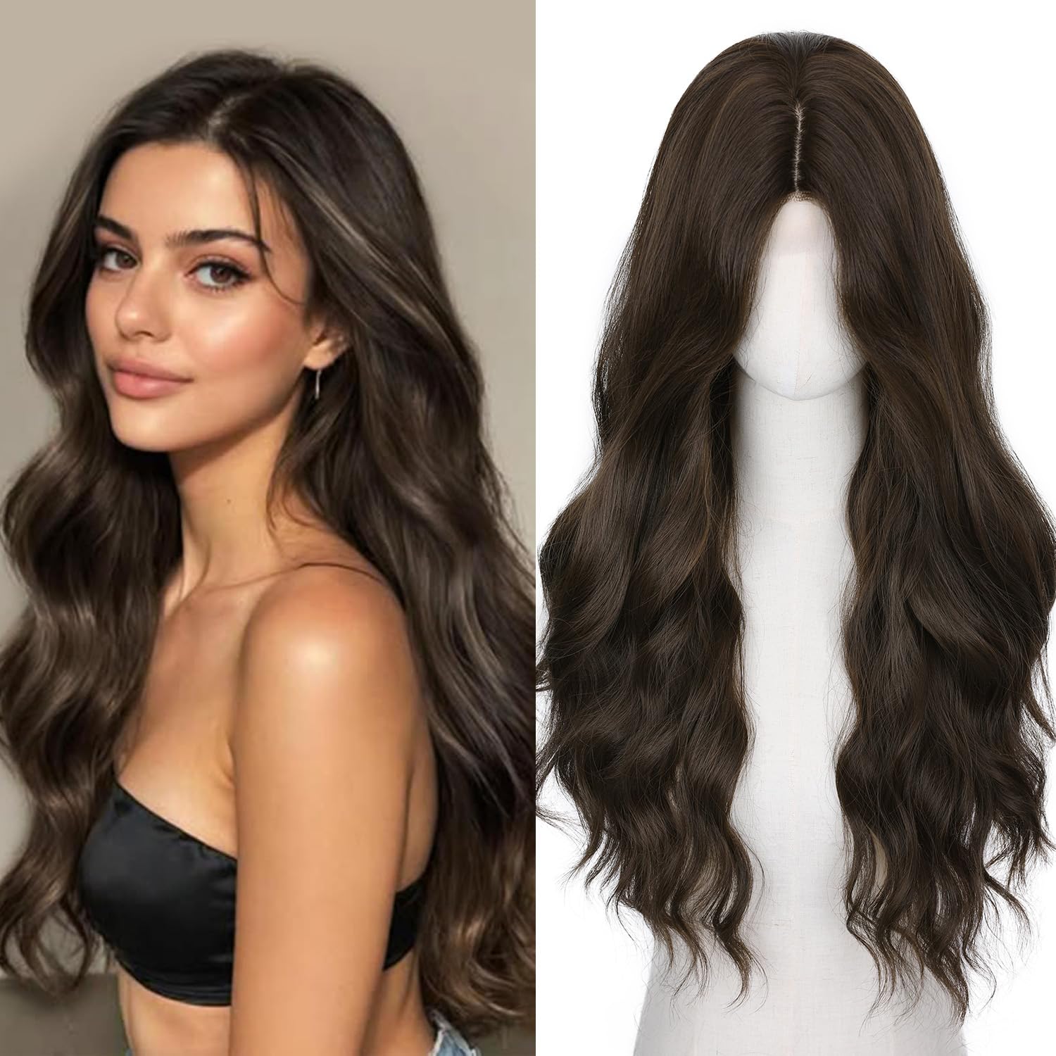 WIGNEE Long Wavy Wig Middle Part Dark Brown Wig 26 Inches Long Wigs For White Women Natural Looking Hair Wig Long Wigs For Women Daily Party Use