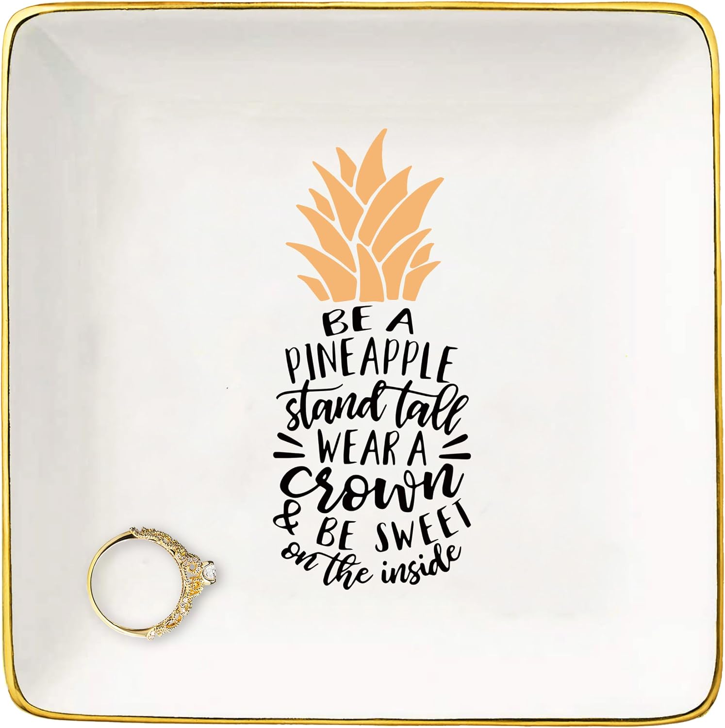 Be a Pineapple Stand Tall Wear a Crown – Ceramic Jewelry Holder Box Ring Dish Trinket Tray – Tropical Inspirational Gifts For Women Teen - Birthday Christmas Gifts for Women,Best Friends,Bestie