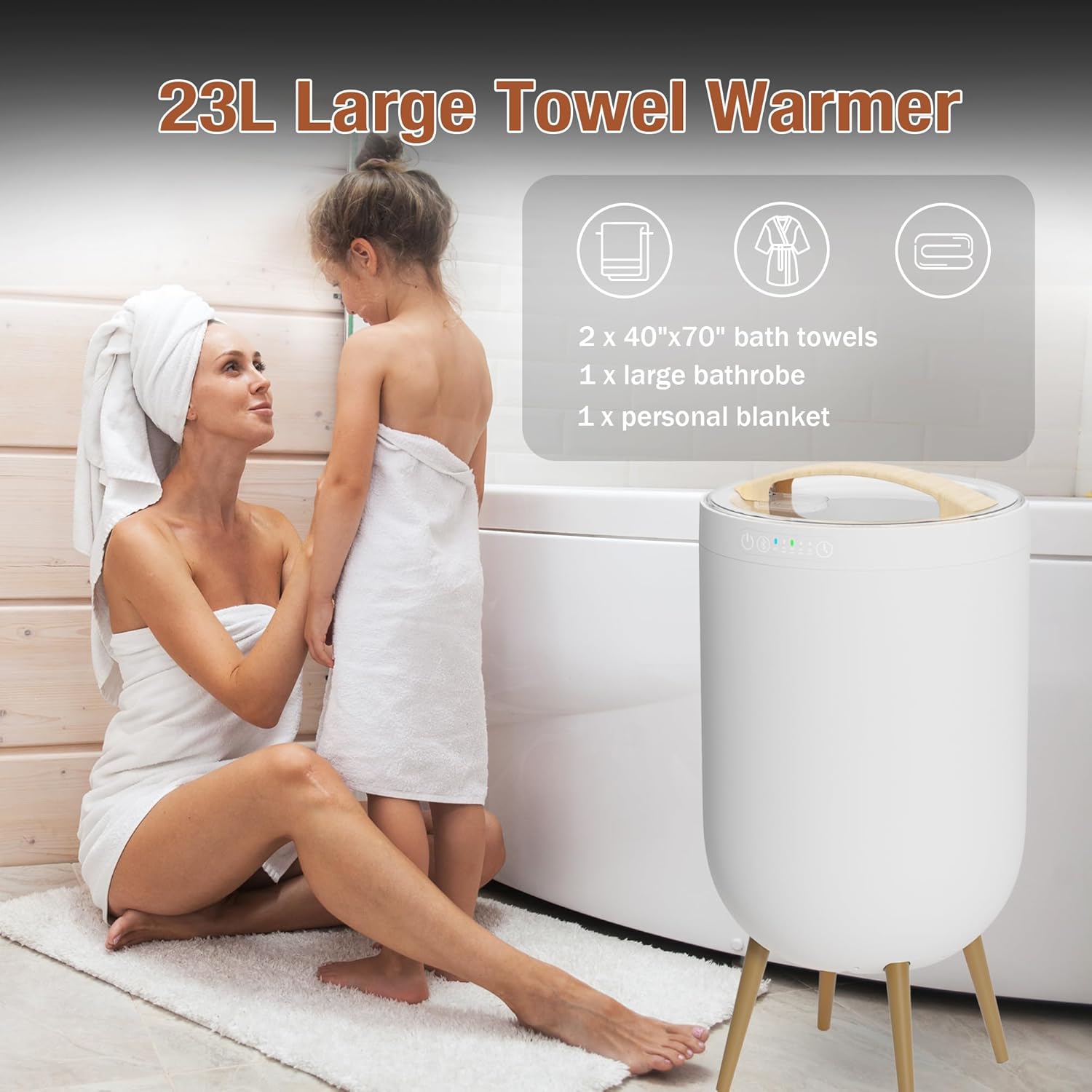 Luxury Towel Warmer Bucket, 23L Large Towel Warmers for Bathroom, with Stand, Ambient Light, Auto Shut Off, Relaxation Mode, Fits Three 40"x70" Towels, Bathrobes, Blankets, Great Gift Idea - White