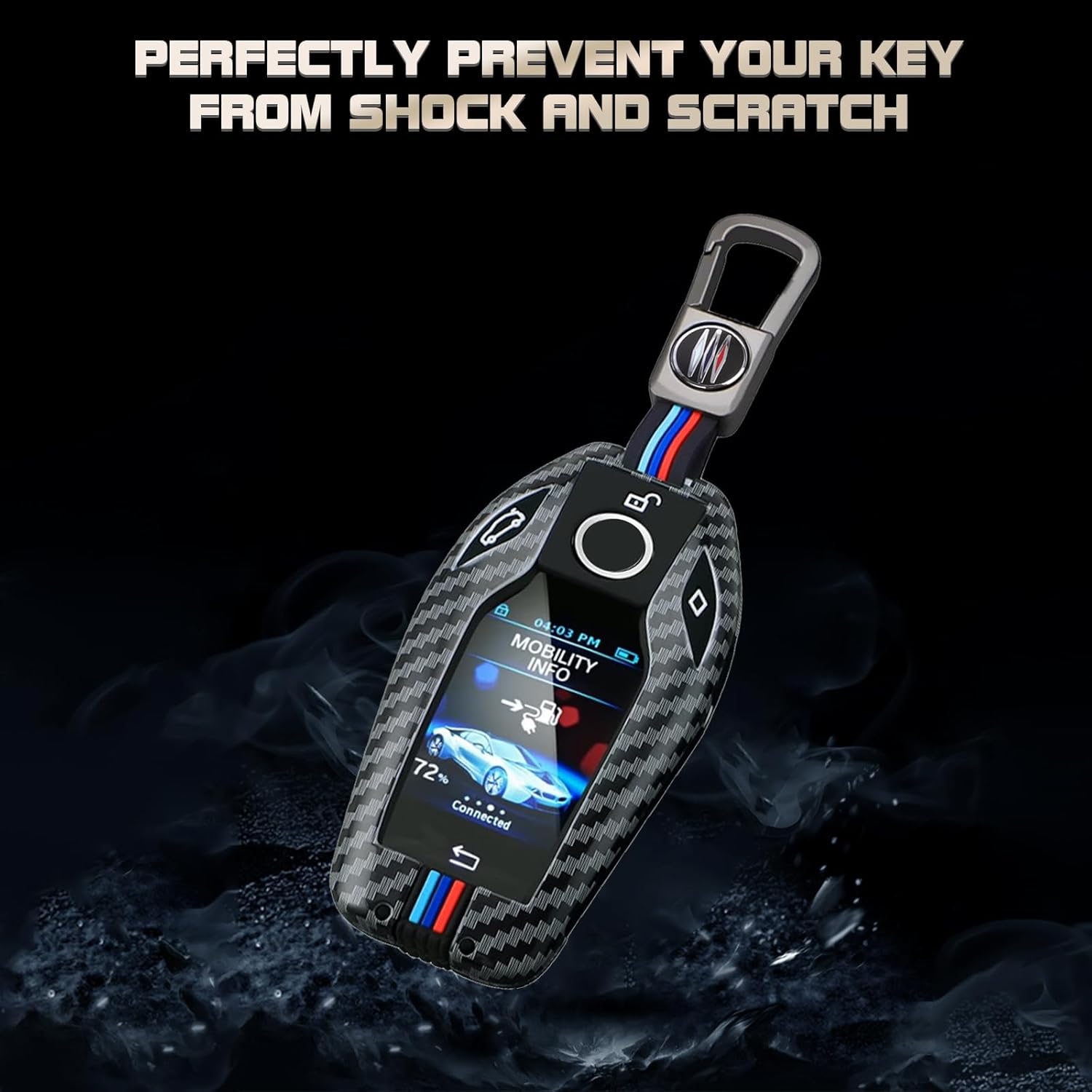x xotic tech Metal Alloy Key Fob Cover Compatible with BMW 5 6 7 X3 X5 X7 I8 M3 M5 M6 GT3 i3 i4 Series, Protective LCD Digital Touchscreen Smart Keys Shell Case w/Keychain (Carbon Fiber Pattern, 1pc)
