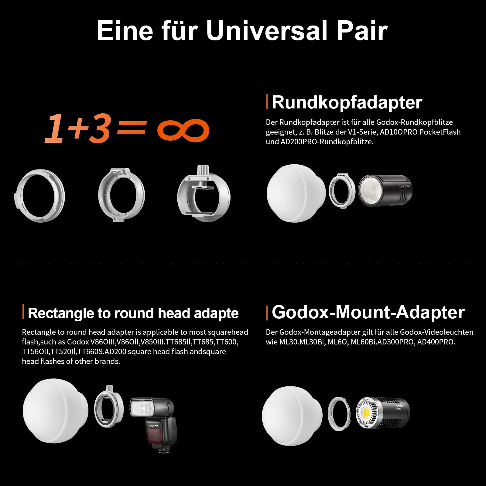 Godox ML-CD15 - Kit cupola di diffusione (3 anelli adattatori inclusi), diffusore pieghevole per ML30 ML30Bi ML60 ML60Bi V1S V1C V1N V1O V1F V850III V860III TT685II AD100/200/300/400Pro