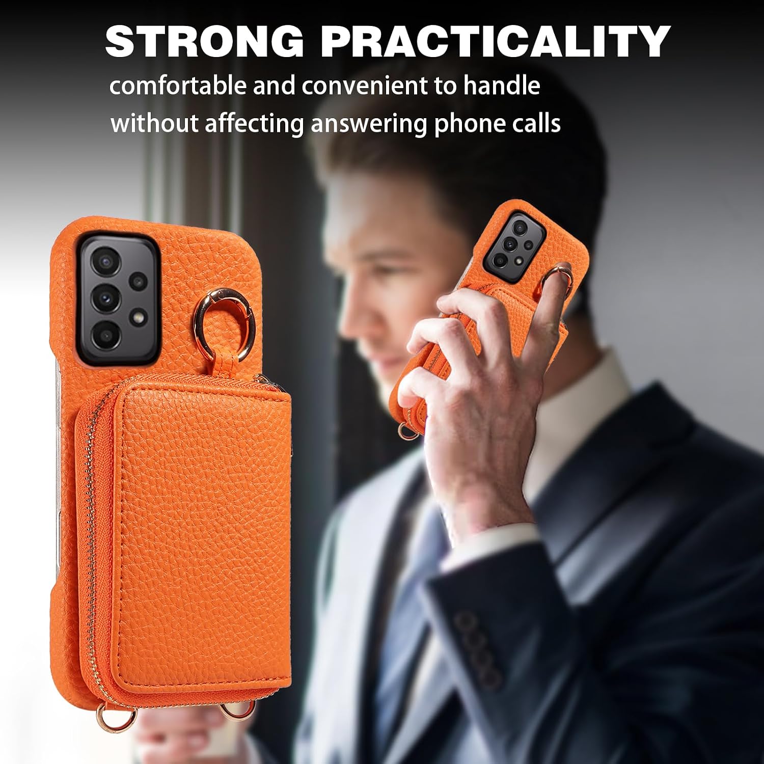 Wallet Case for Samsung Galaxy A23 5G/4G with Shoulder Strap Ring Buckle, Luxury PU Leather Zipper Flip Organ Purse, Credit Card Holder Stand Full Body Cell Phone Cover for A 23 23A 6.6 Orange