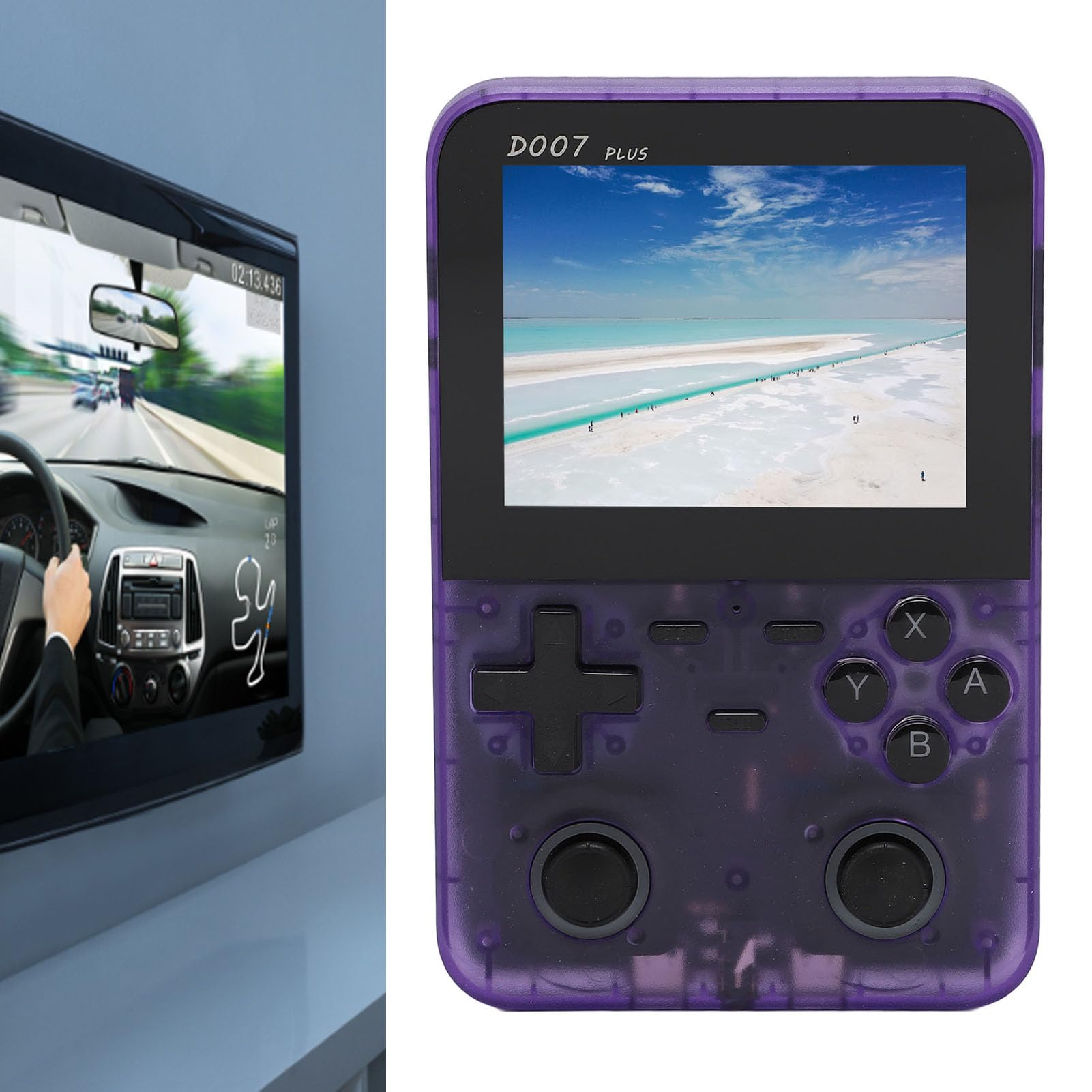 Generic Retro Handheld Console, 64 GB Mała Karta Pamięci Dual Joystick Handheld Console IPS Wyświetlacz do Podróży (Przezroczysty Fioletowy)