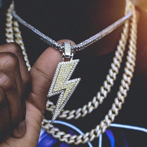 Miniatura 5 de JINAO Hip Hop - Colgante con diseño de rayo chapado en oro de 18 quilates con circonita cúbica helada y diamante de imitación micropave para hombres