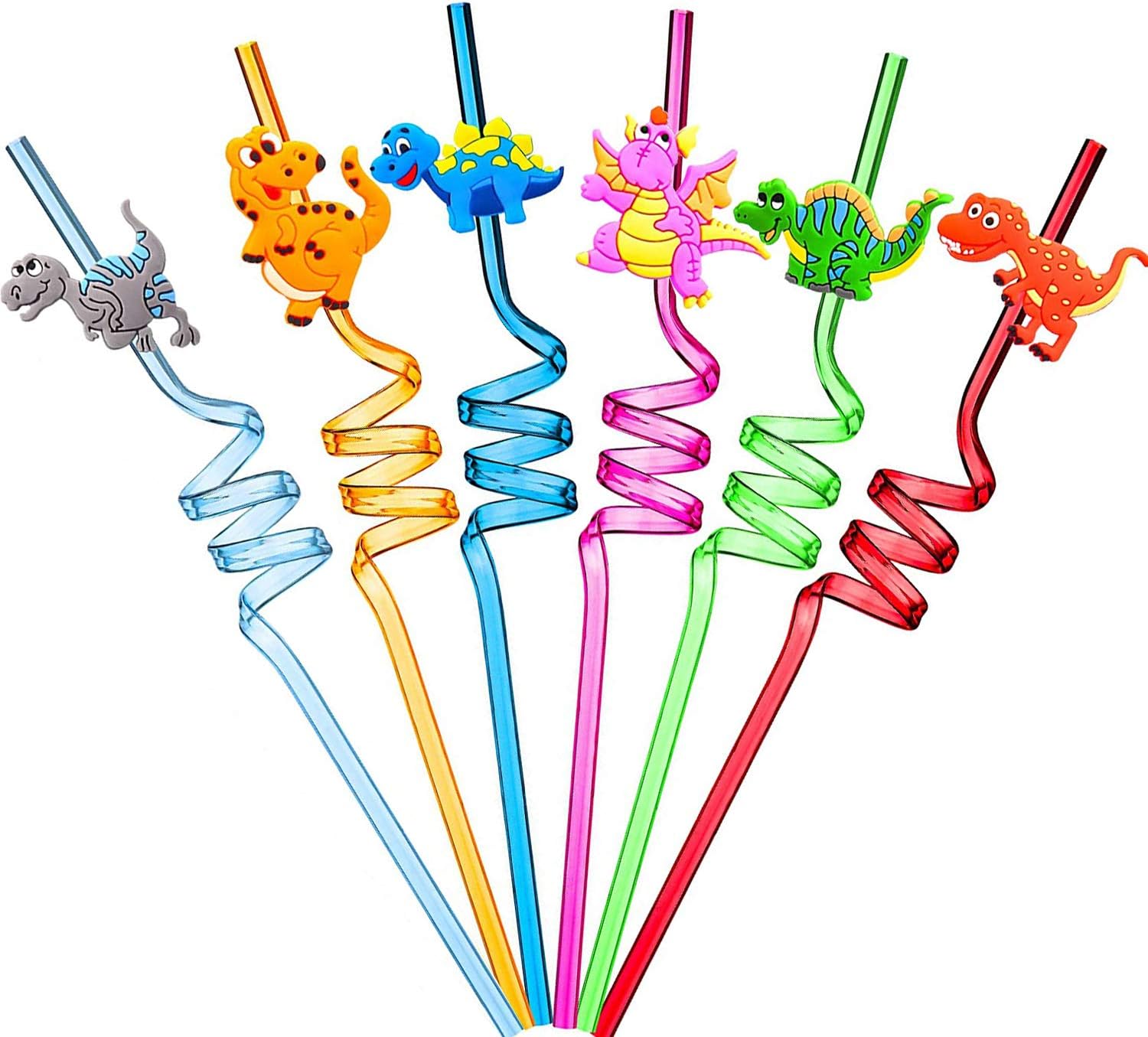 Ulife Mall Reusable Drinking Straws Novelty Dinosaur Party Straw Curly Hard Plastic Straws Kids Birthday Party Decorations Supplies Family Reunion Favors - Pack of 6