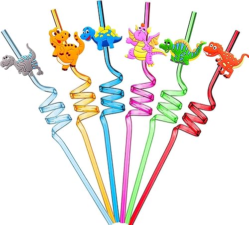 ULIFEMALL Pajitas reutilizables de plástico de dinosaurio, safari, selva, dinosaurio, decoración para fiestas de cumpleaños o fiestas, paquete de 6