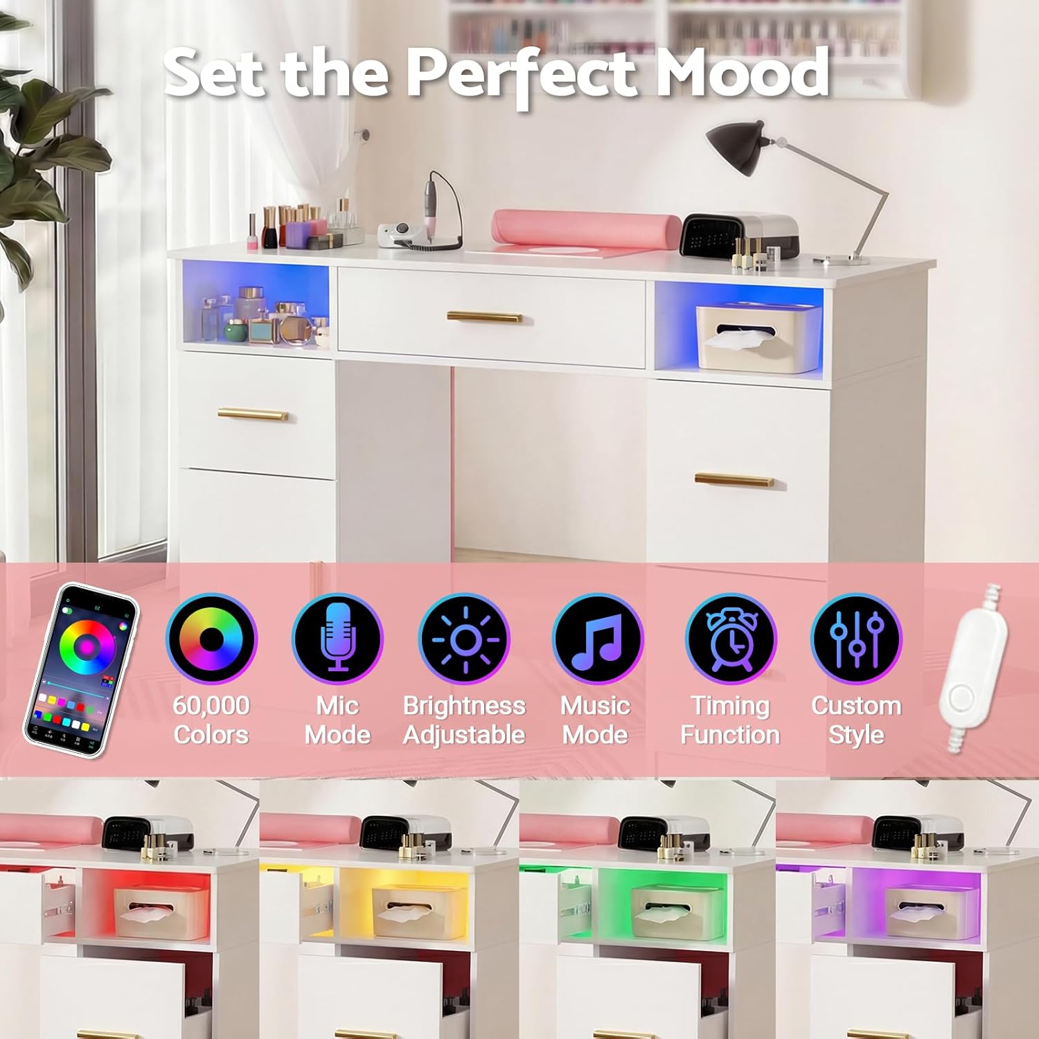 Nail Desk with Dust Collector & LED Lights, Professional Manicure Table with Drawers, Cabinet and Shelves, Wrist Rest for Nail Tech, Salon or Home Studio (White/Pink Accent)