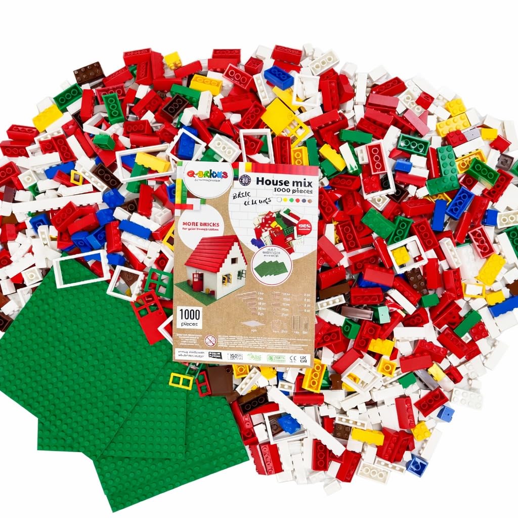 Set Creativo con Mattoni Classici | Set da 1000 pezzi | 19 forme comprendono porte, finestre, tegole e baseplate | 8 colori | Mix di case in colori di base