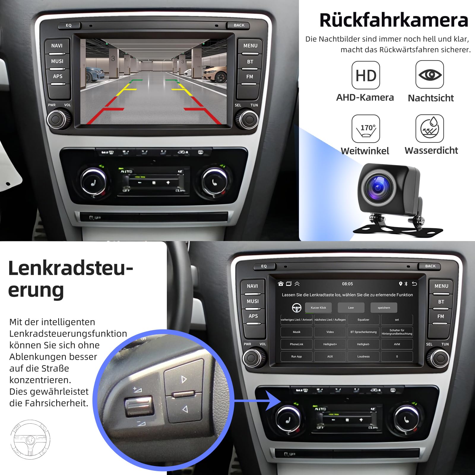 Autoradio für Skoda Octavia Mk2 Yeti Rapid 2004-2013 8 Zoll Touchscreen Radio mit Wireless Carplay Android Auto Wireless EQ BT GPS FM Rückfahrkamera 2+64G