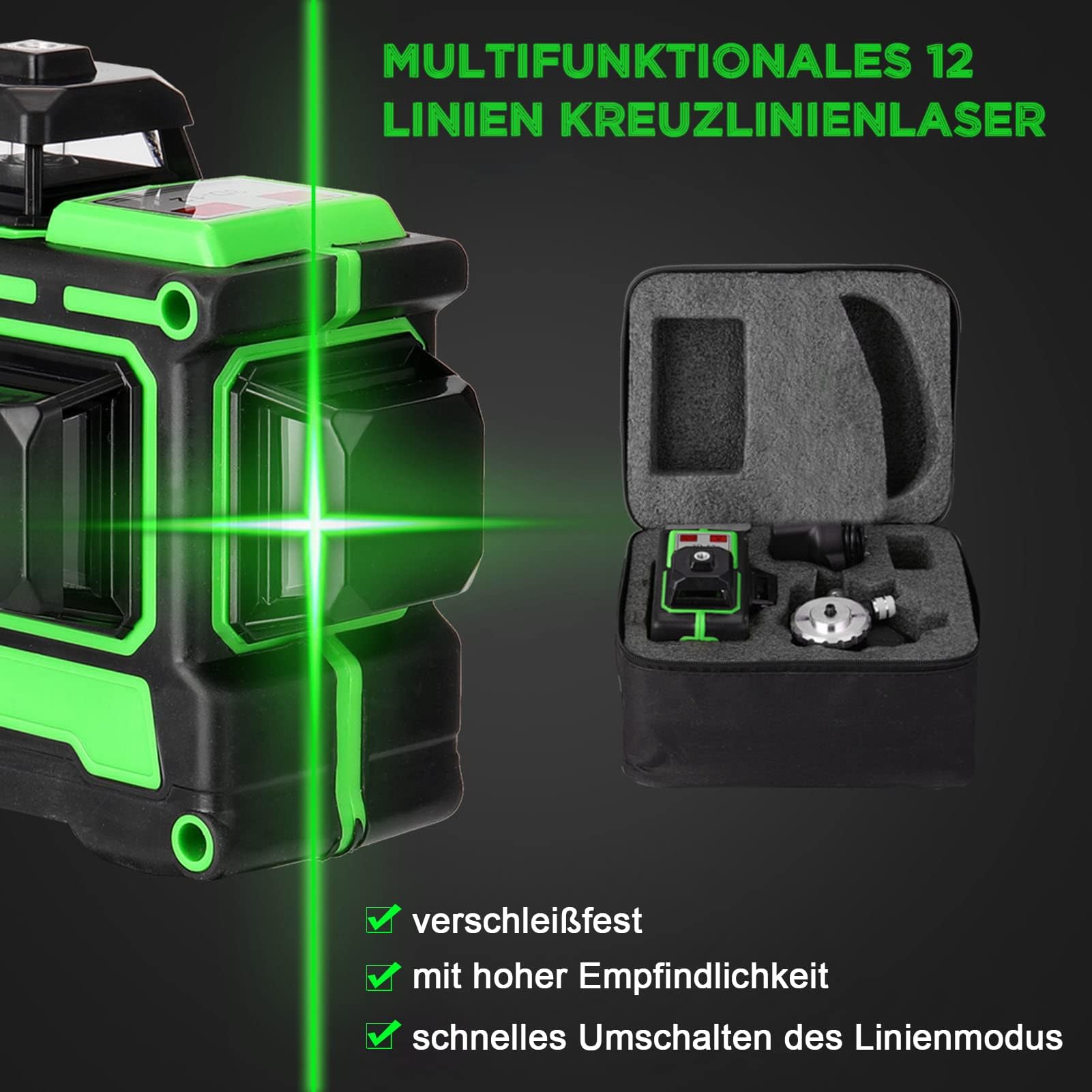 Nivel Laser Autonivelante (± 3°) Verde Geevorks 3D 12 Líneas Nivelador Cruzada Profesional 3x360 360 Grados Horizontales Verticales, 1 batería