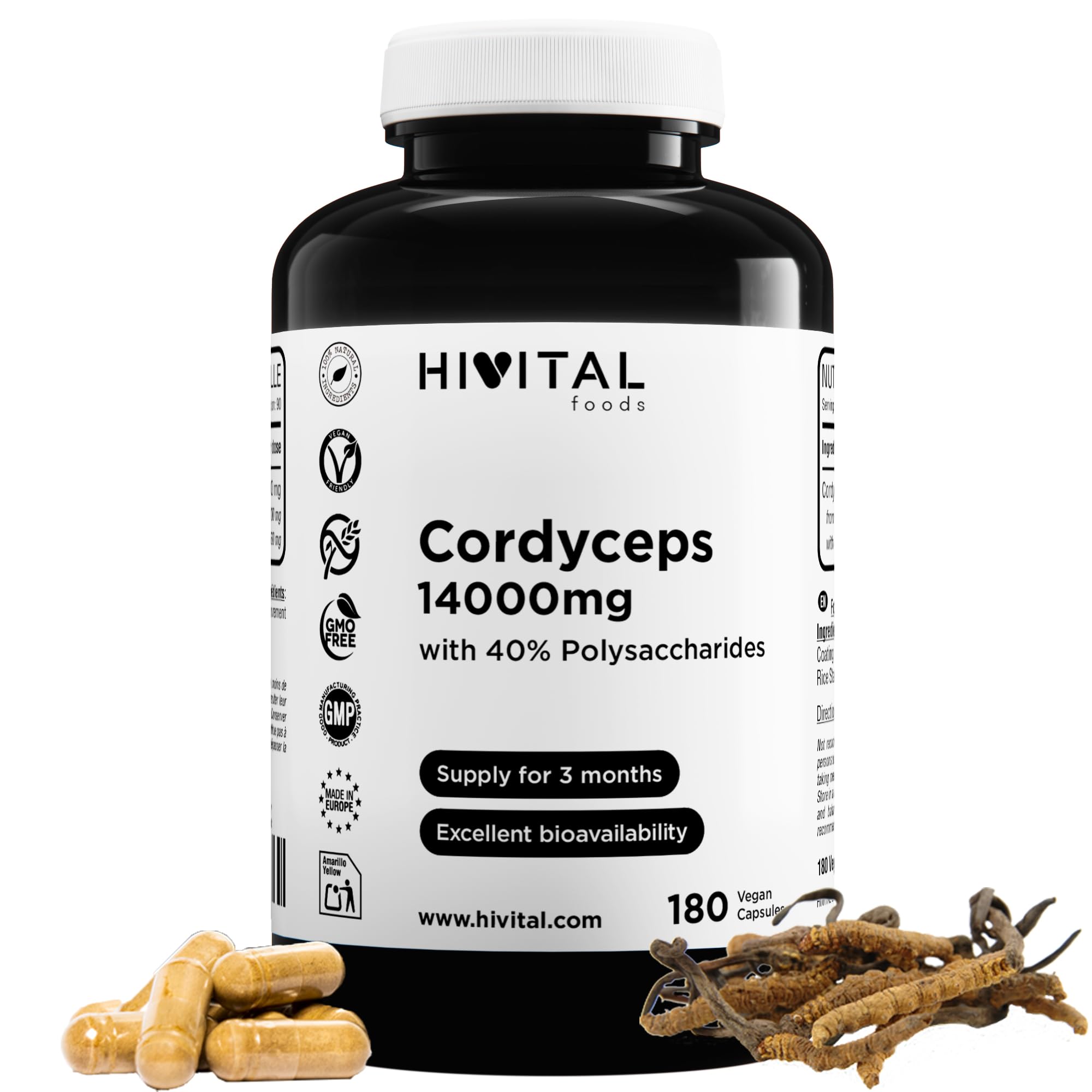 Cordyceps 14000 mg. 180 capsule vegane per 3 mesi di trattamento. Cordyceps Sinensis CS-4 con 40% di Polisaccaridi. Estratto Naturale di fungo. Prodotto in Europa da HIVITAL