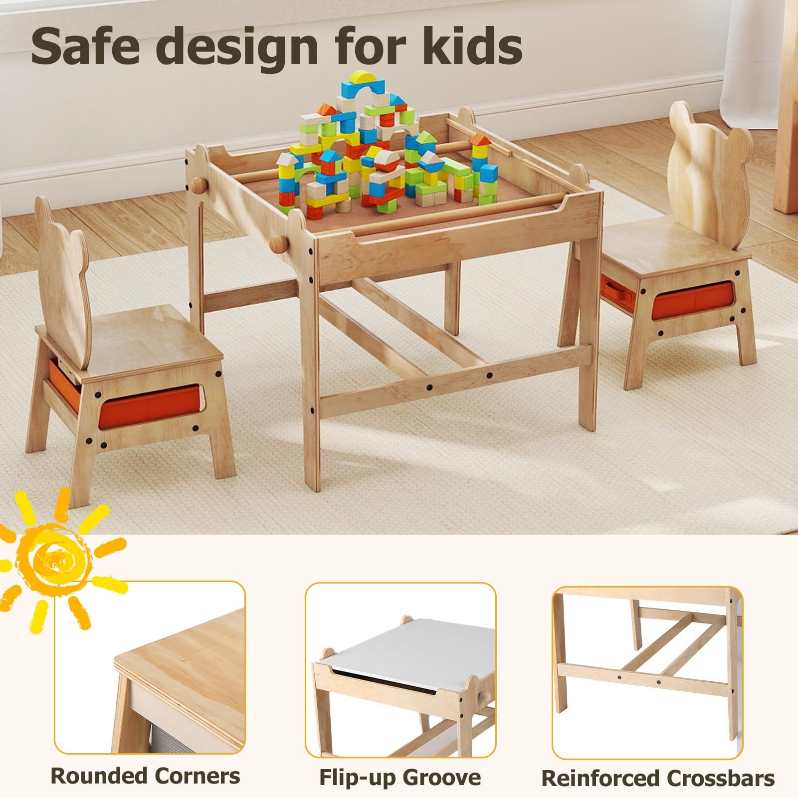 LIFEZEAL Kindertisch mit 2 Stühlen, Kinder Spieltisch mit wendbarer Tafel & Stauraum, Kindersitzgruppe Holz mit niedlichen Mustern, Multifunktionale Sitzgruppe für Kinder ab 3 Jahren (1, Panda)