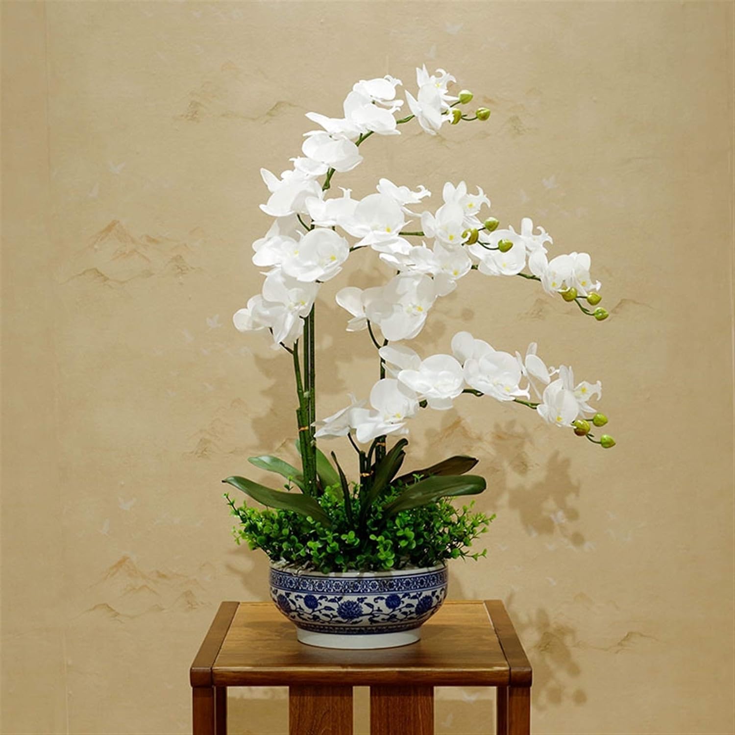 MYUYEE Faux Orchids With Porcelain Vase Set Artificial Flower Pu Artificial Phalaenopsis Flowers 27.55 Inch Artificial Orchid